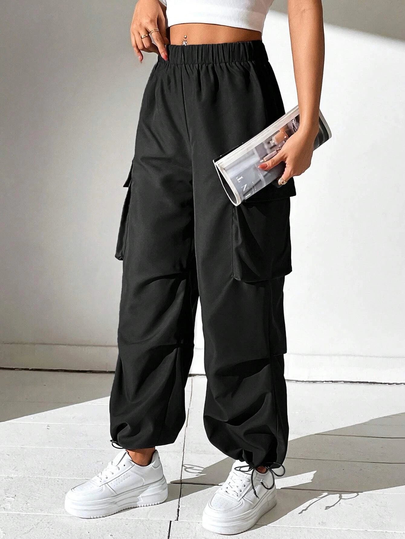 Plain Pocket Side Cargo Pants in Black – back view detail