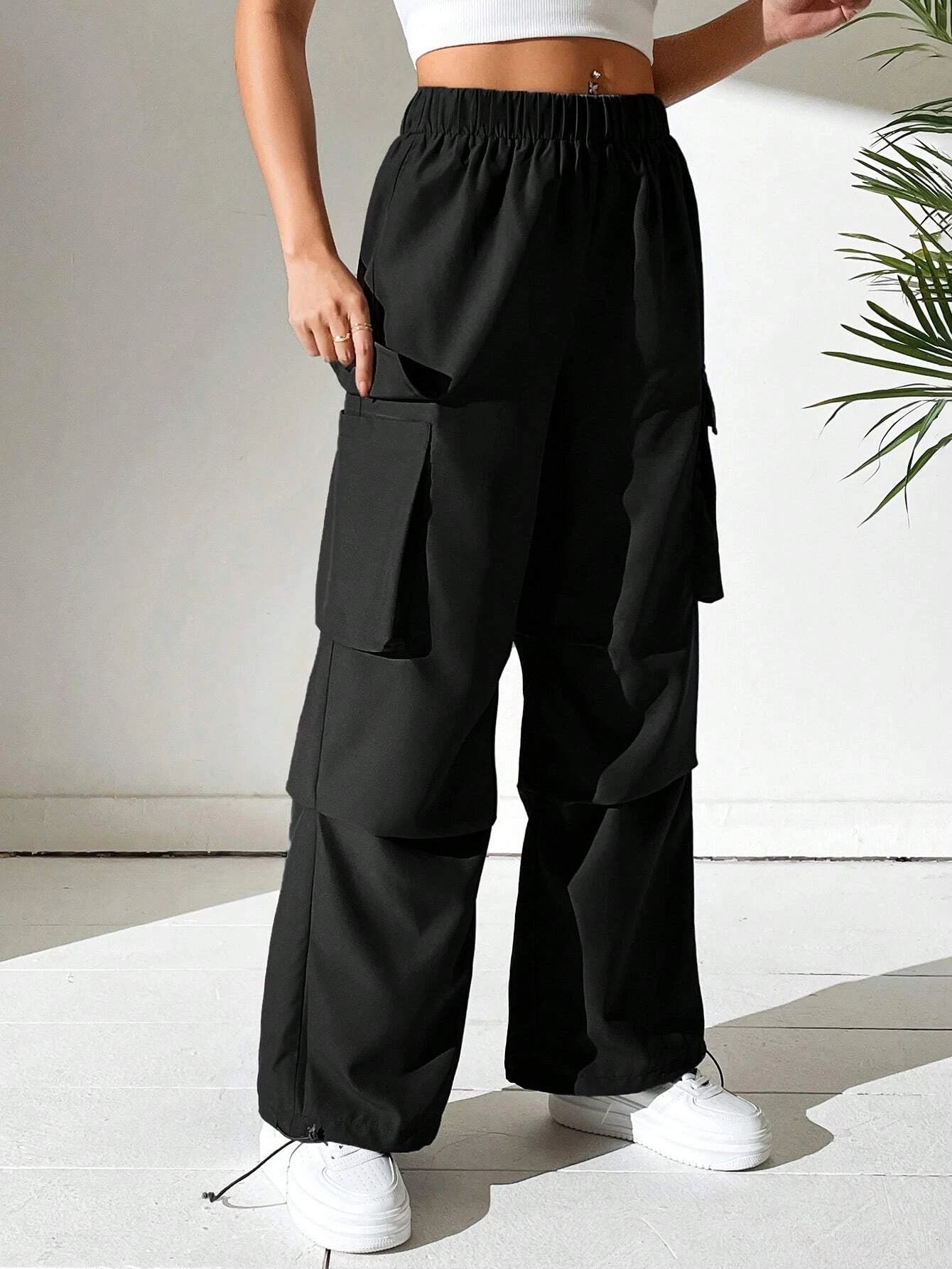 Flap Pocket Side Drawstring Hem Cargo Pants in Black #ts-5 – back view detail