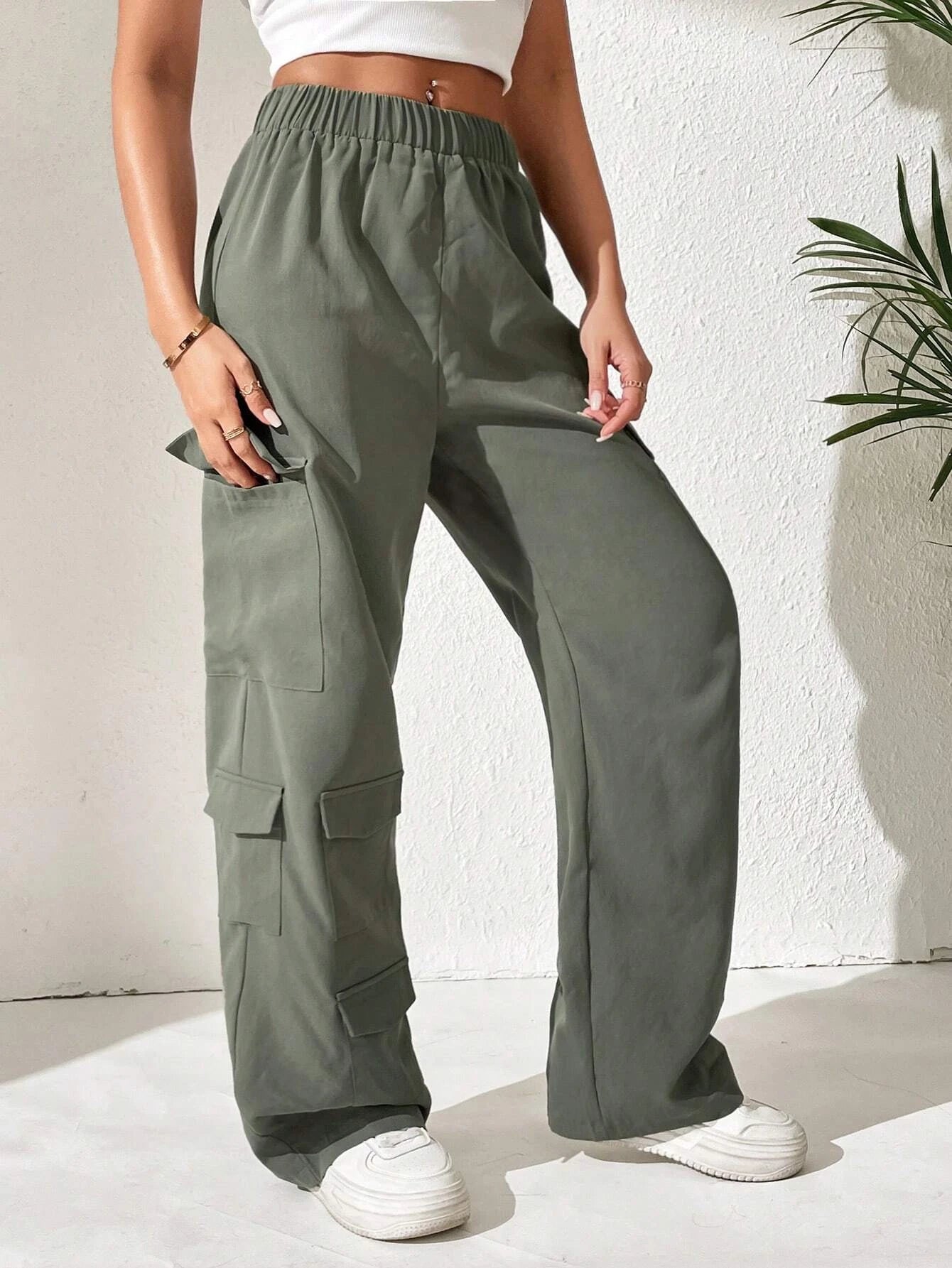 Solid Colored Cargo Pants With Flap Pocket – side profile view