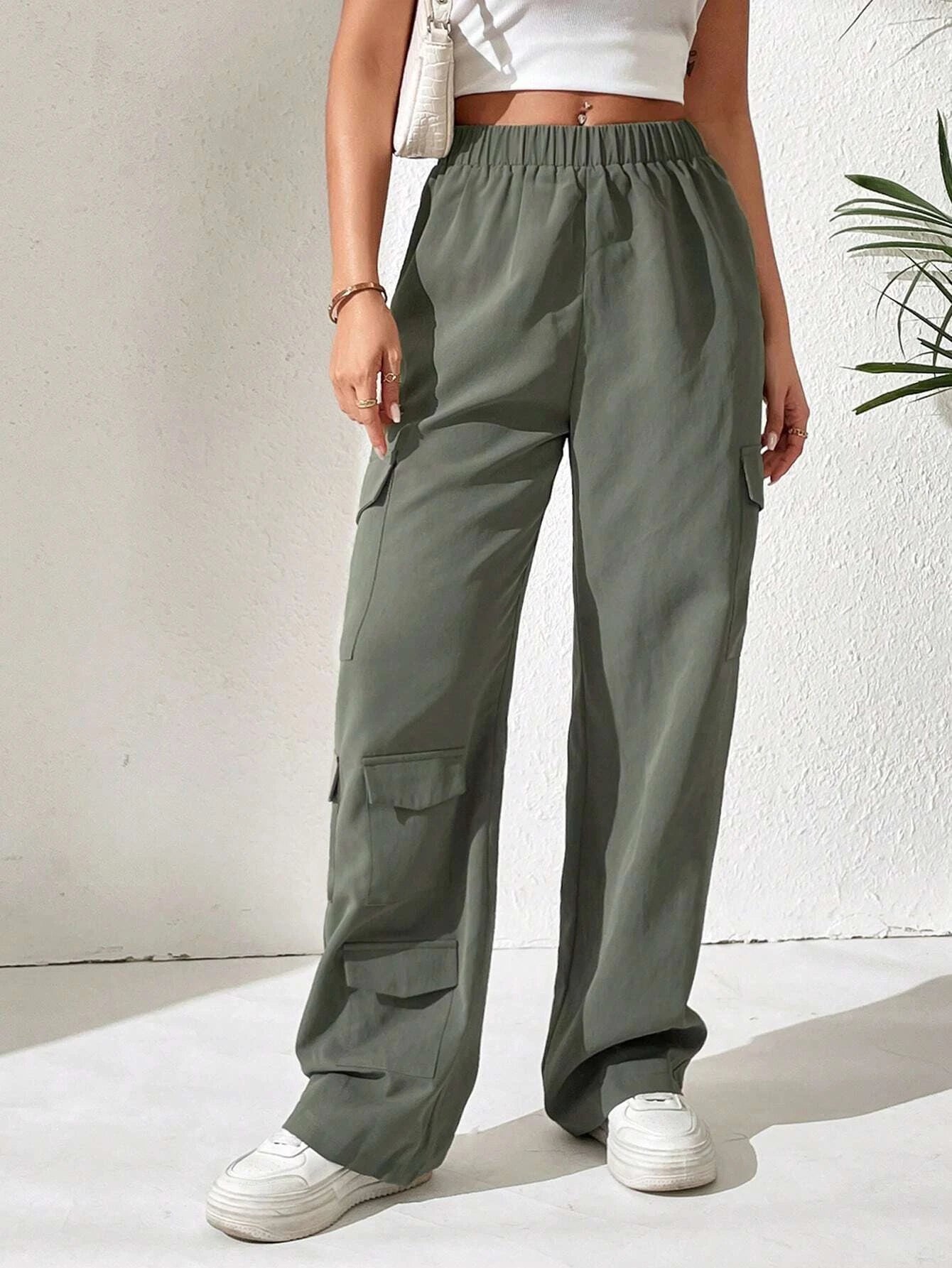 Solid Colored Cargo Pants With Flap Pocket – women's cargo pants front view