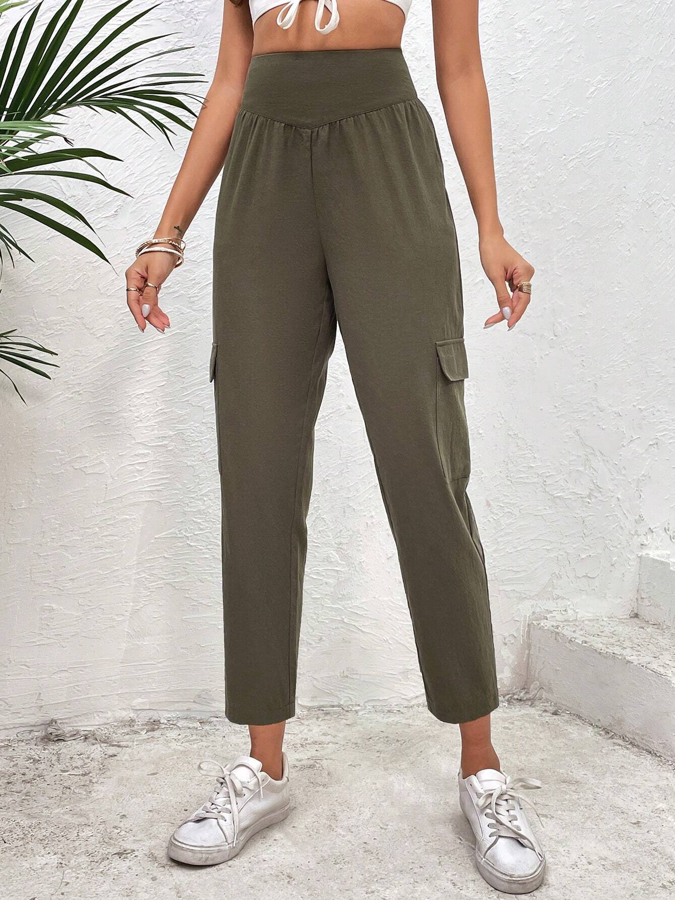 Solid Color Flap Pocket Side Cargo Pants Style 2 – women's cargo pants front view