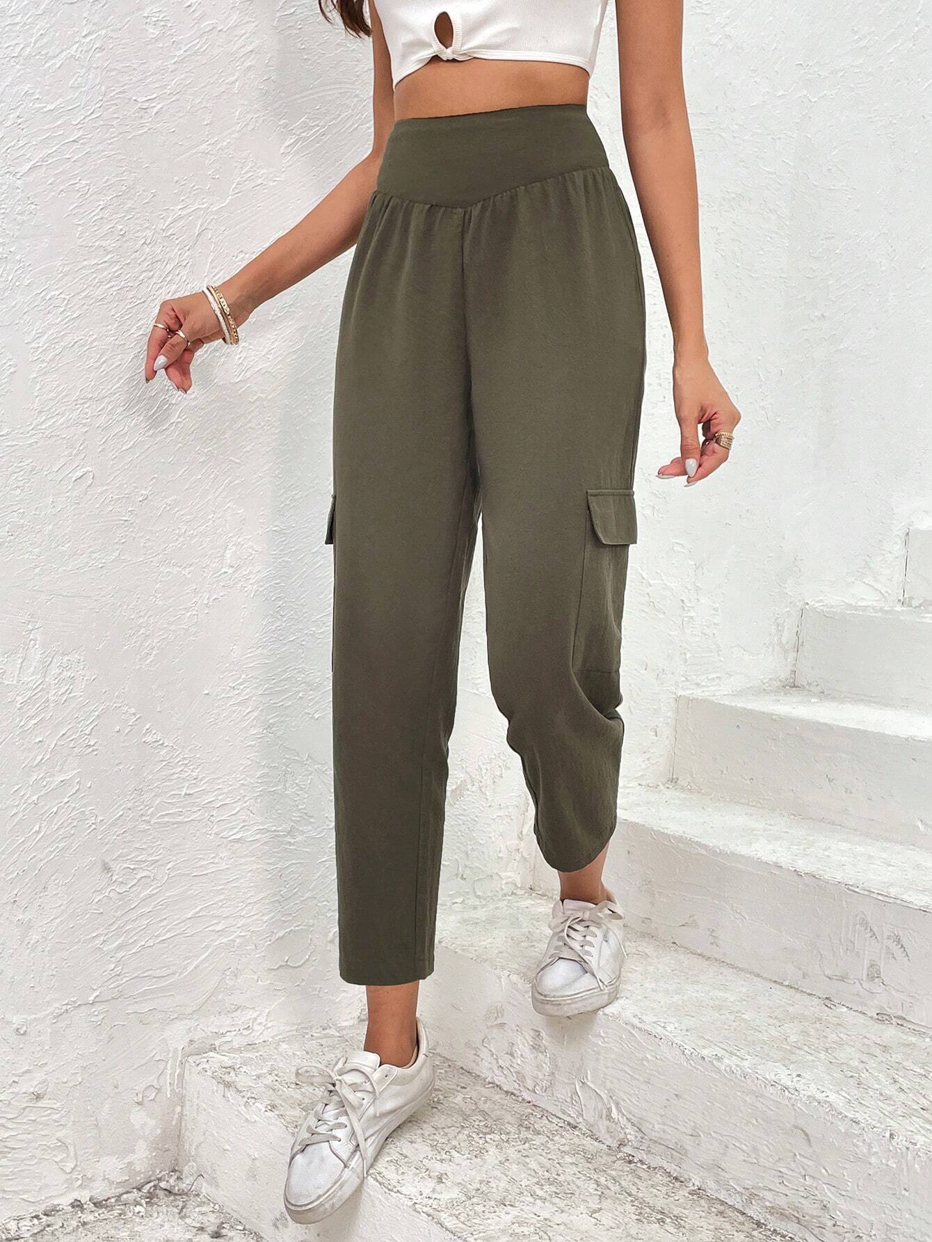 Solid Color Flap Pocket Side Cargo Pants Style 2 – side profile view