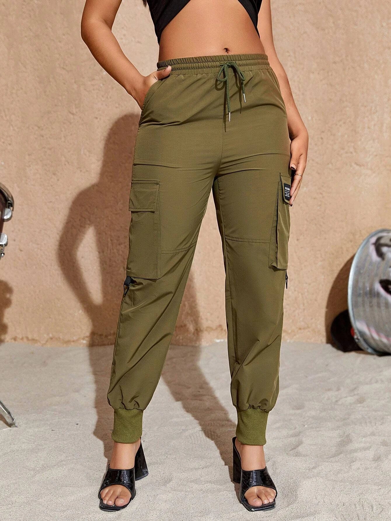 Drawstring Waist Flap Pocket Casual Cargo Pants – back view detail