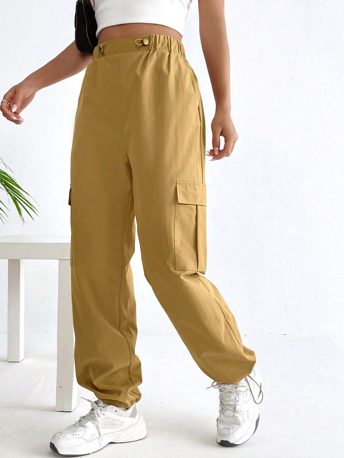 Flap Pocket Side Drawstring Hem Cargo Pants – side profile view