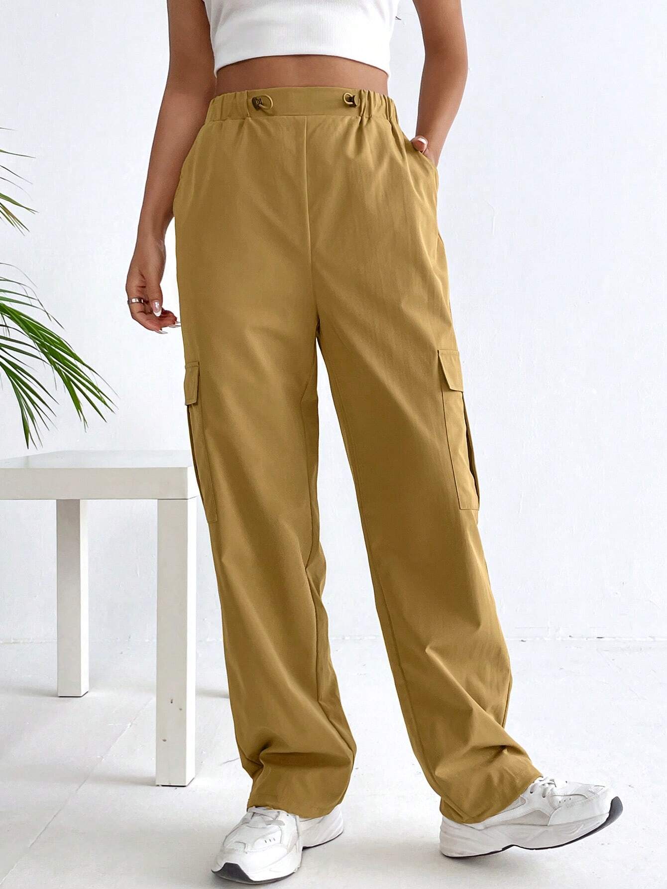 Flap Pocket Side Drawstring Hem Cargo Pants – pocket detail close-up
