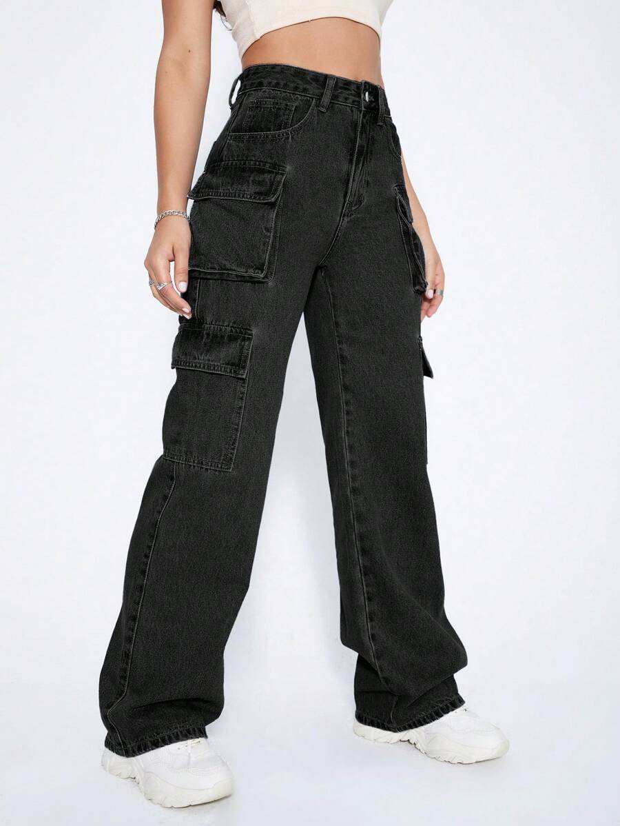 High Waist Flap Pocket Cargo Jeans in Black – women's cargo pants front view