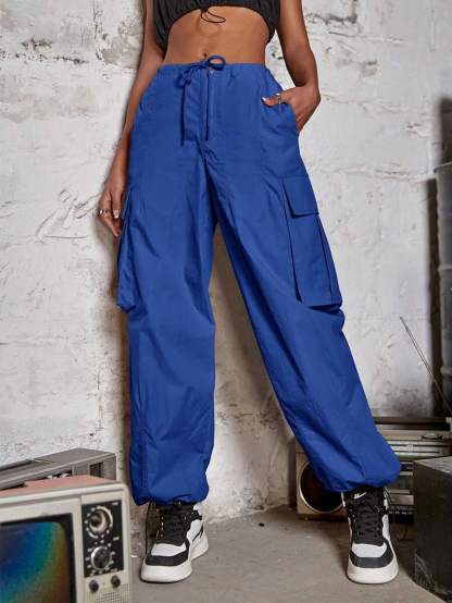 Drawstring Waist Wide Leg Parachute Cargo Jogger Pants