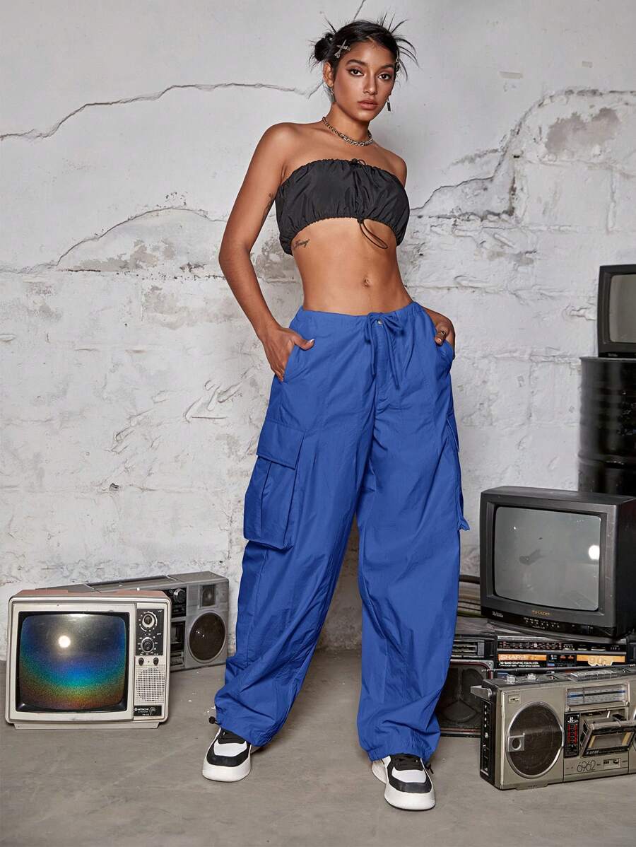 Drawstring Waist Wide Leg Parachute Cargo Jogger PantsDrawstring Waist Wide Leg Parachute Cargo Jogger Pants - Image 30
