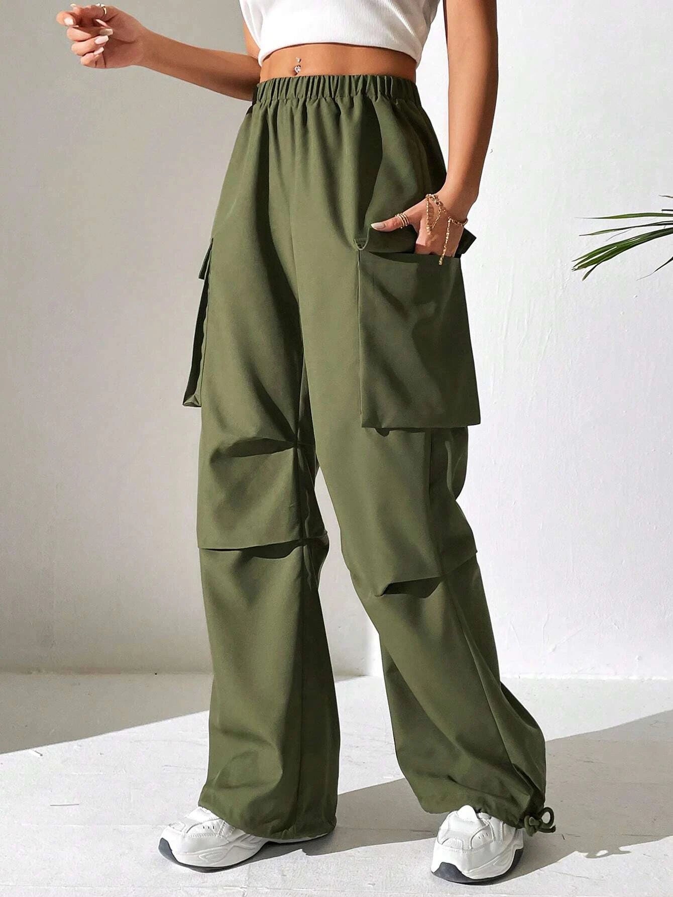 Casual Flap Pocket Side Plain Cargo Pants Style 1 – women's cargo pants front view