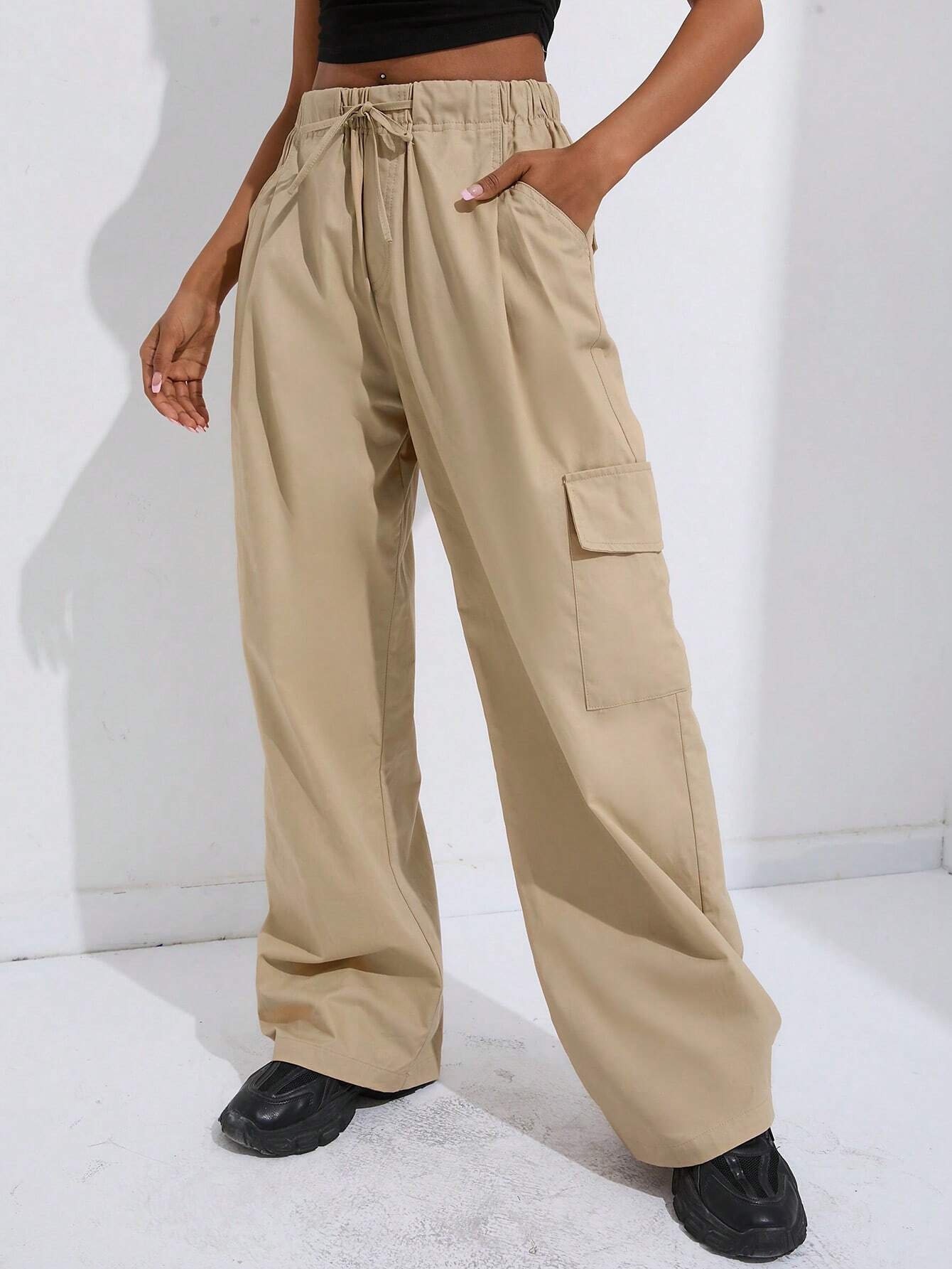 Natural Waist Drawstring Pants With Pocket – women's cargo pants front view