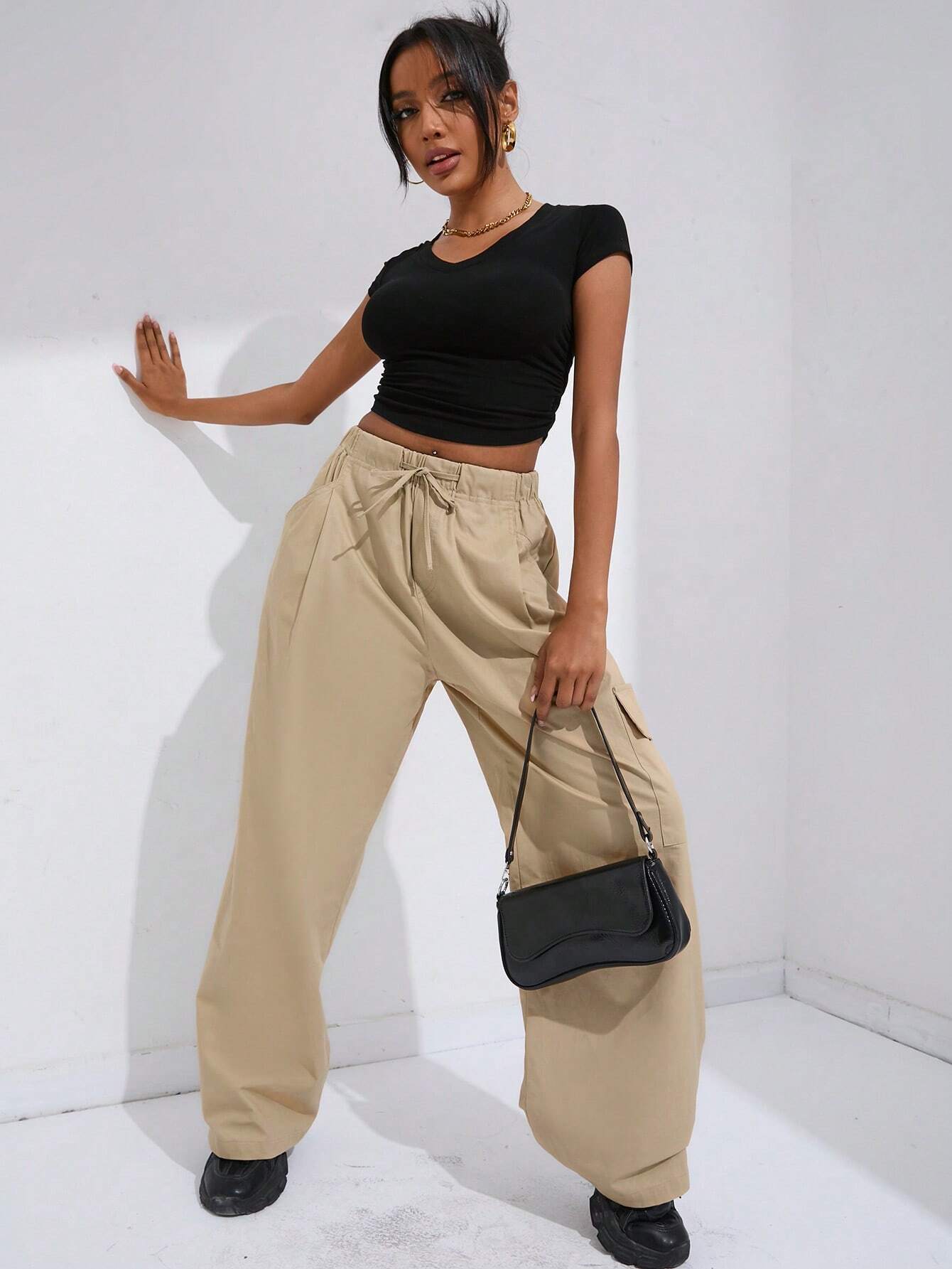 Natural Waist Drawstring Pants With Pocket – side profile view