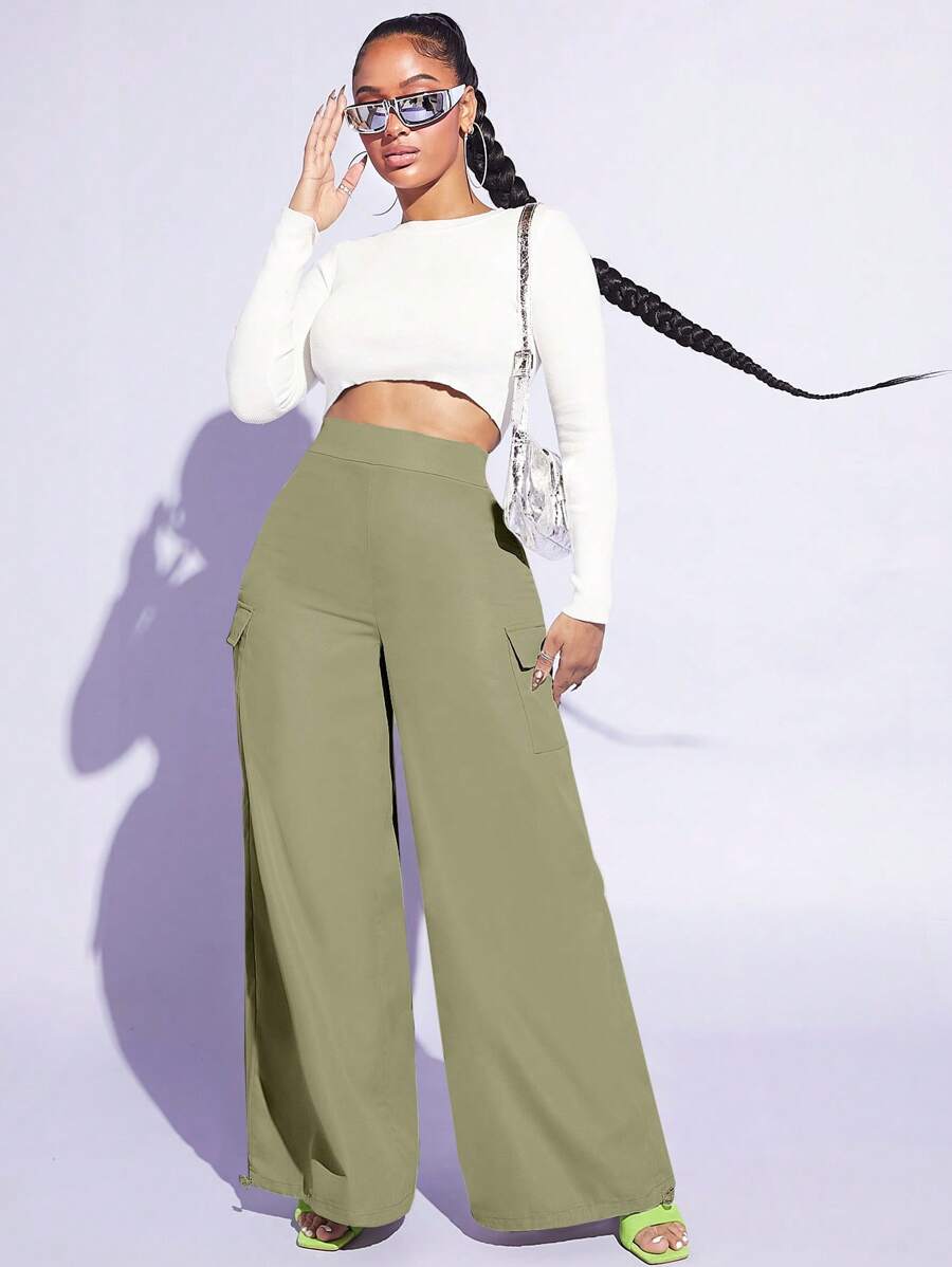 Flap Pocket Wide Leg Easy Wear Cargo PantsFlap Pocket Wide Leg Easy Wear Cargo Pants - Image 3