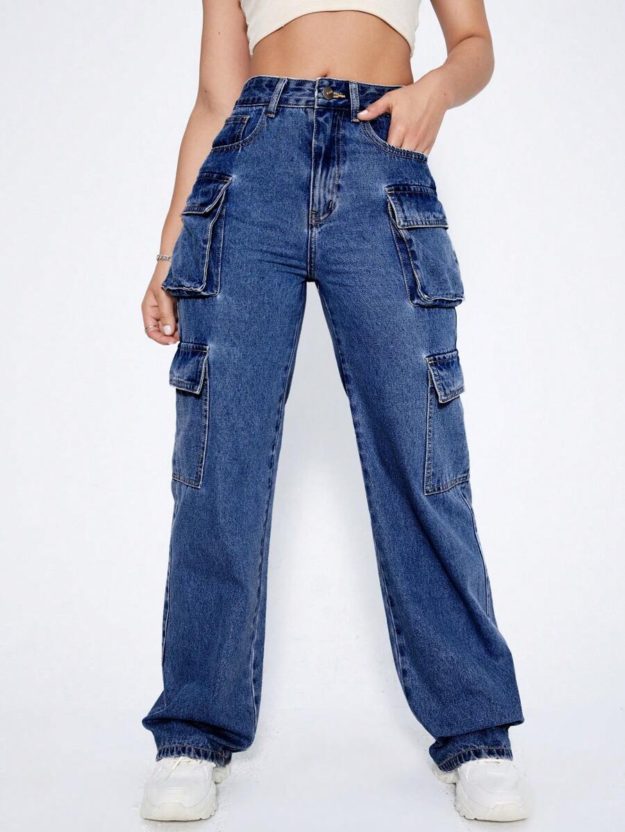 High Waist Flap Pocket Cargo Jeans in Black – back view detail