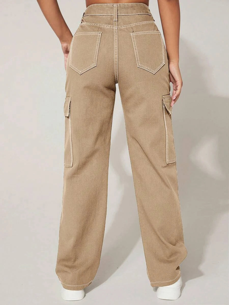 High Waist Flap Pocket Cargo Jeans in Green #s-10 – waistband detail