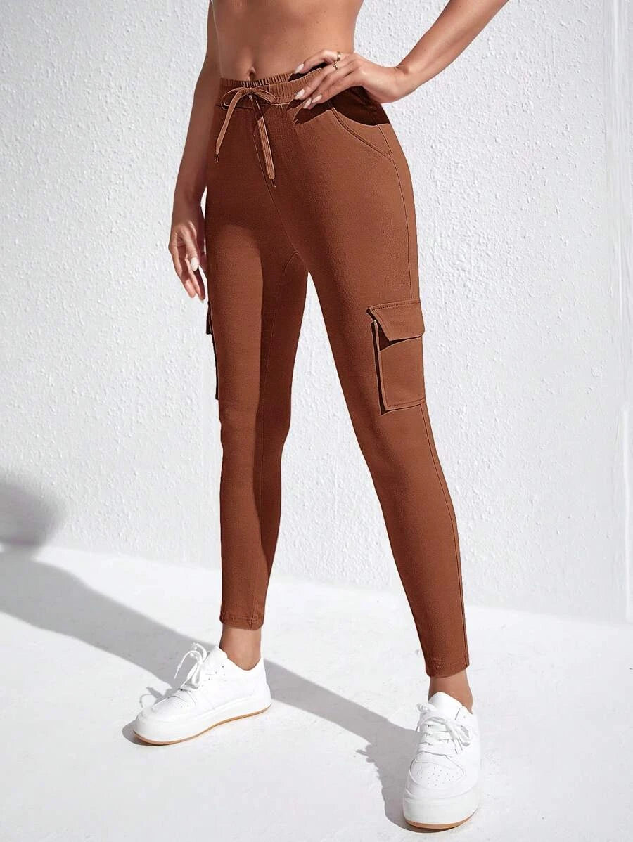 Drawstring Waist Flap Pocket Side Skinny Jeans – side profile view
