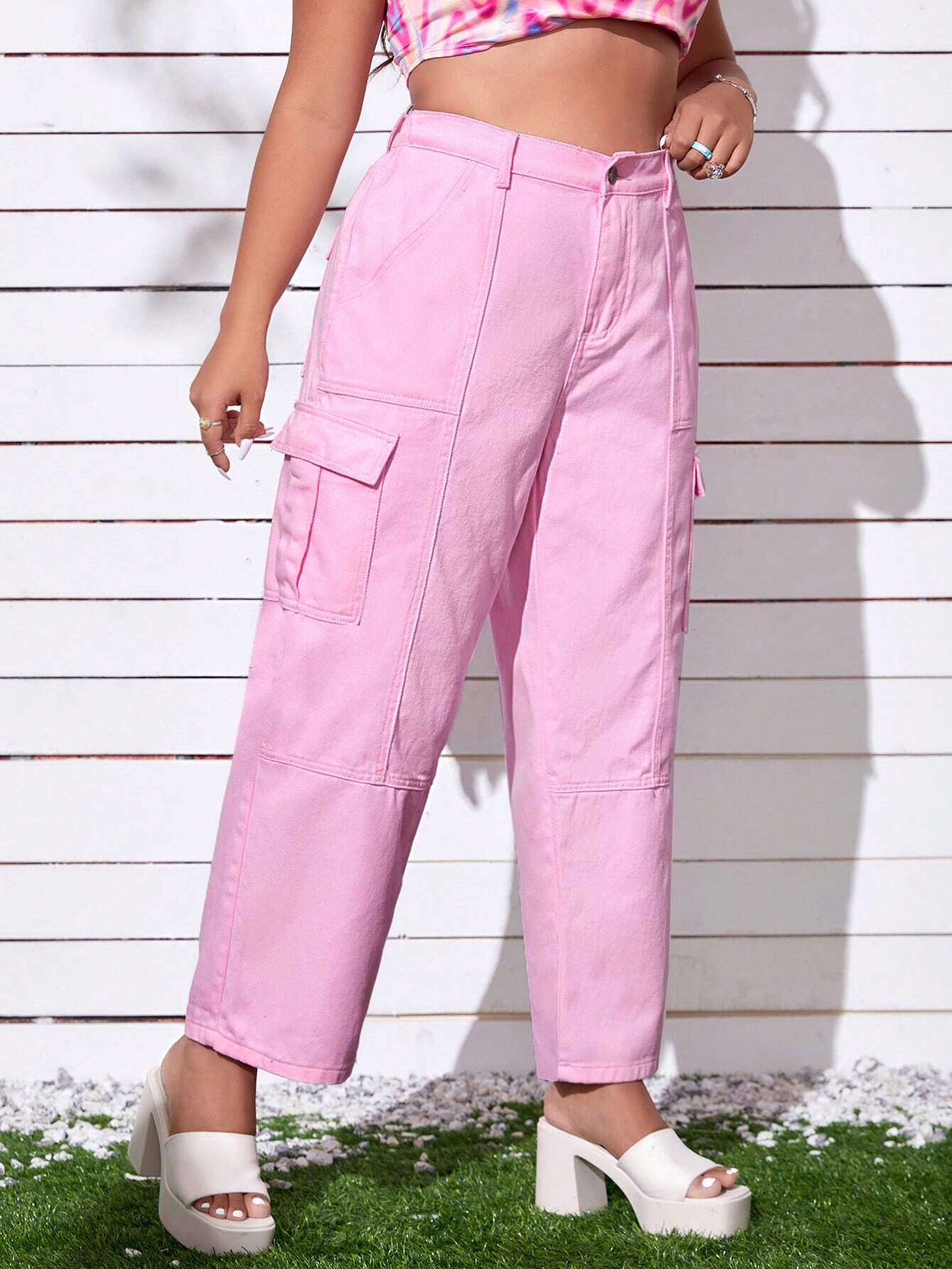 High Waist Flap Pocket Side Cargo Jeans