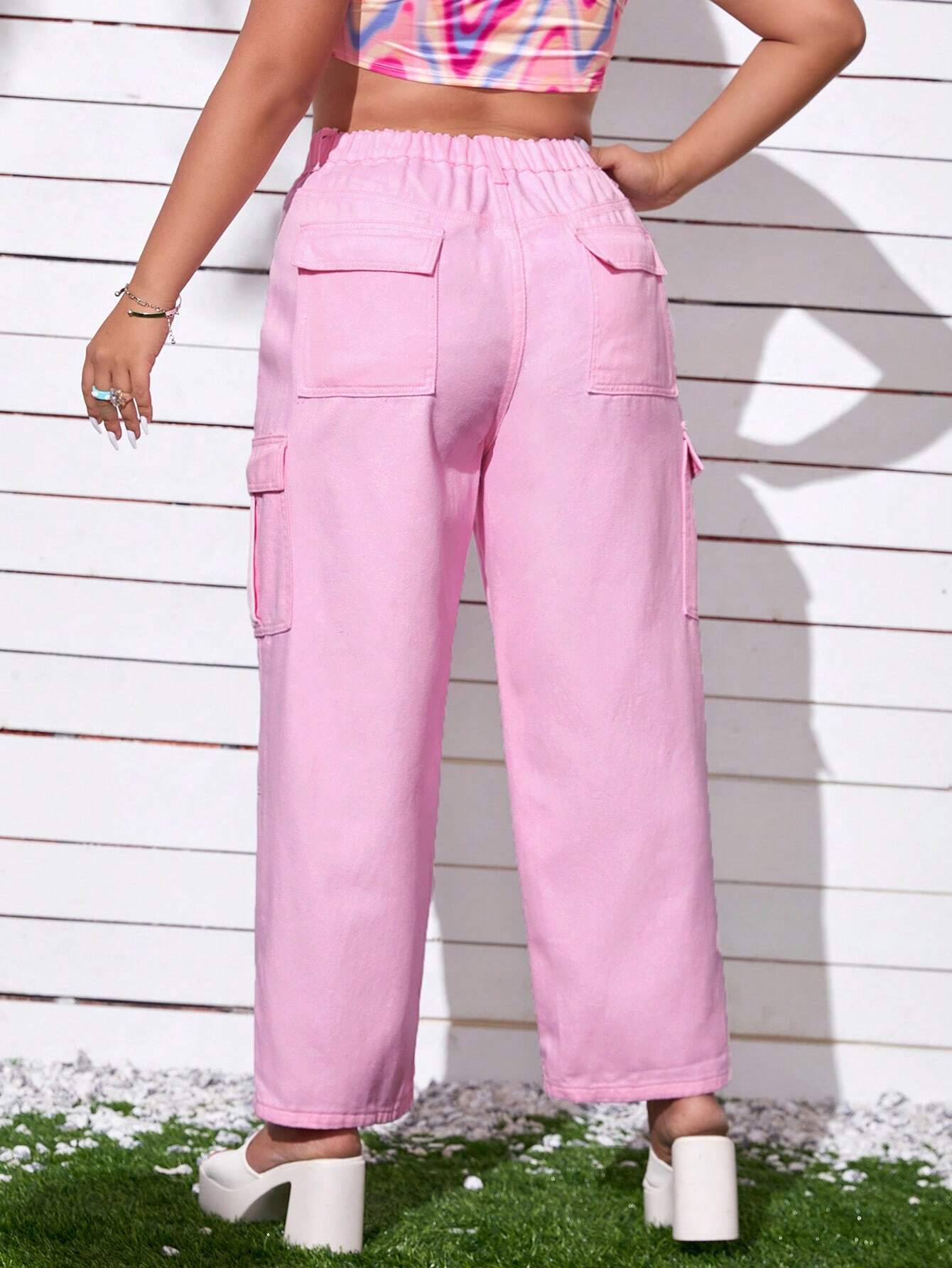 High Waist Flap Pocket Cargo Jeans in Purple – side profile view