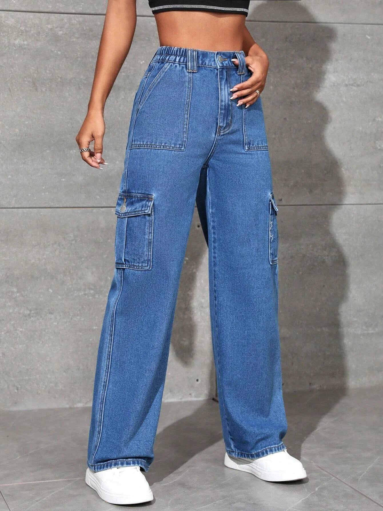 Stylish Flap Pocket Cargo Jeans in Beige – lifestyle view 18