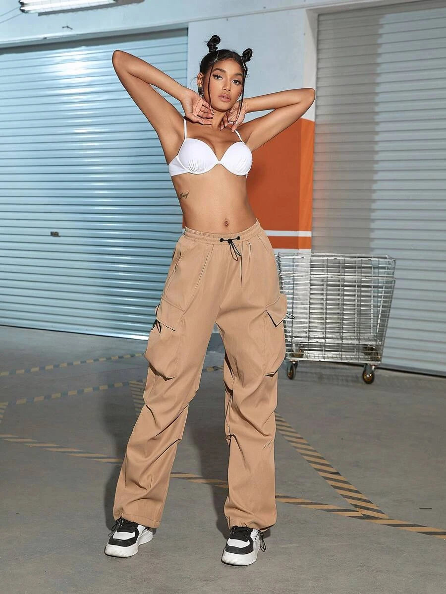 Hip Hop Flap Pocket Drawstring Waist Parachute Cargo Pants - Stretch Com – lifestyle view 20