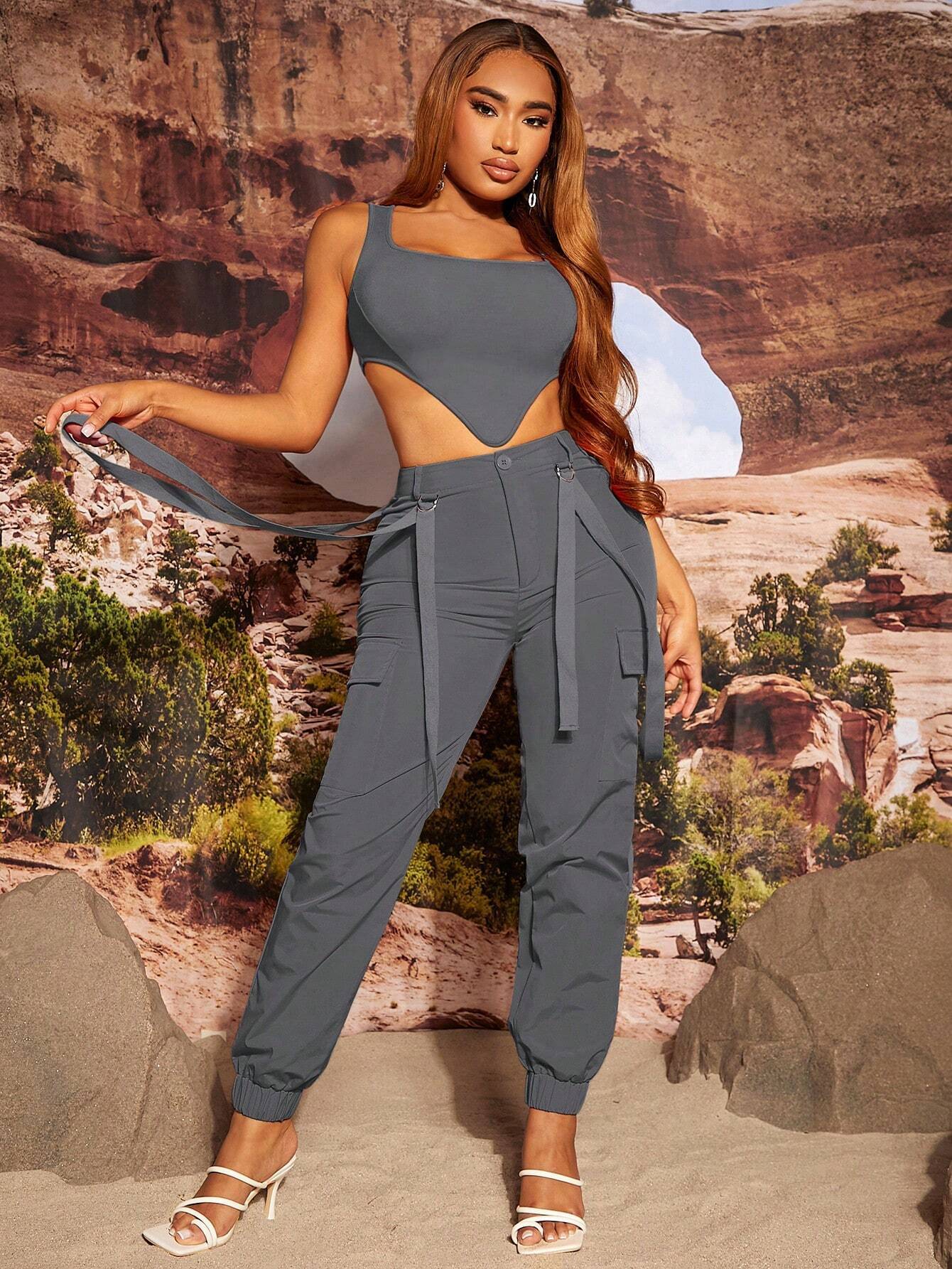 Asymmetrical Crop Tank Top With Pants