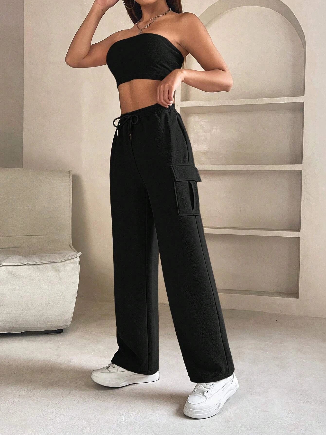 Tube Crop Top And Drawstring Cargo Pants – women's cargo pants front view