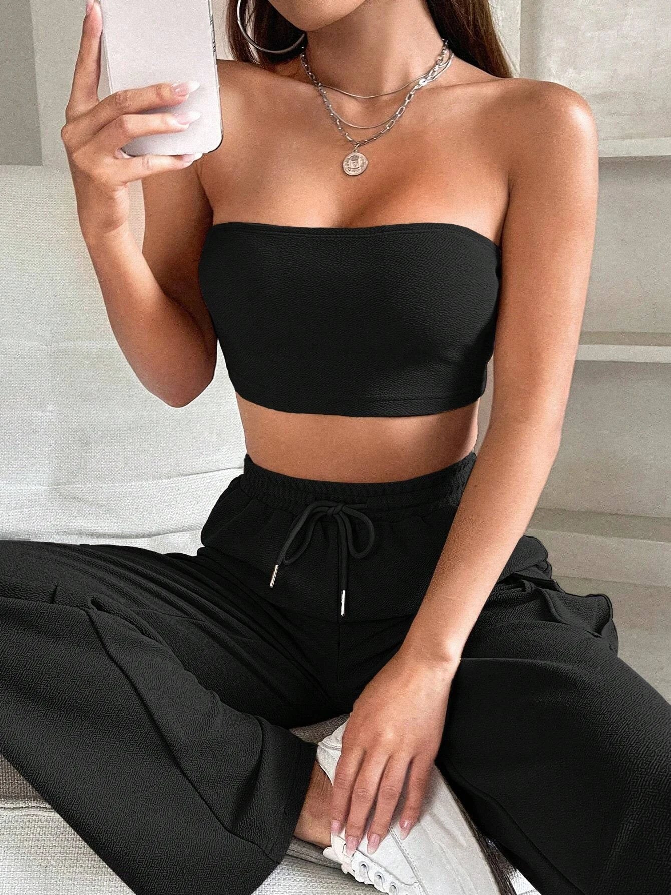 Tube Crop Top And Drawstring Cargo Pants – waistband detail