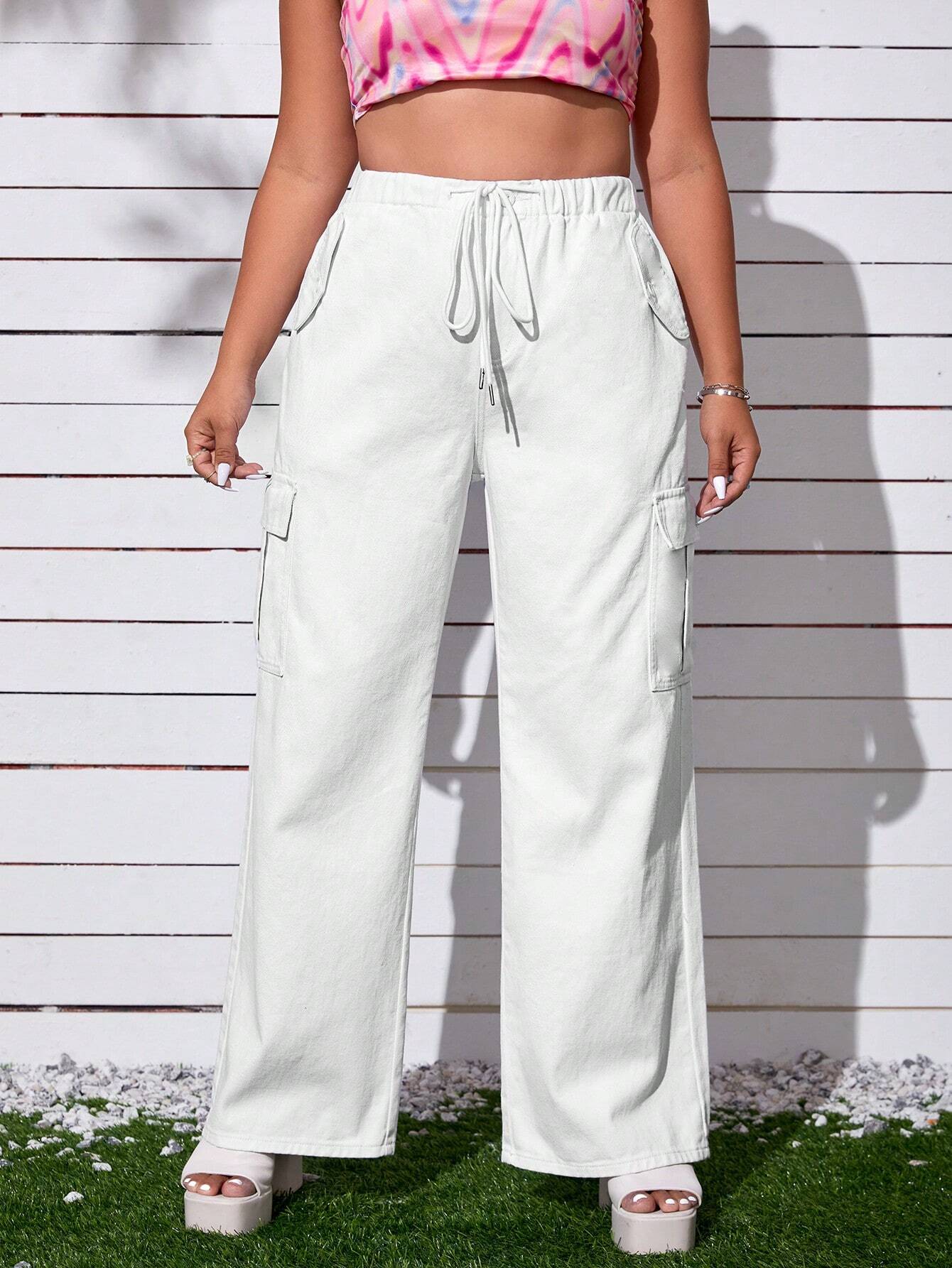 Drawstring Waist Cargo Jeans With Flap Pocket – women's cargo pants front view