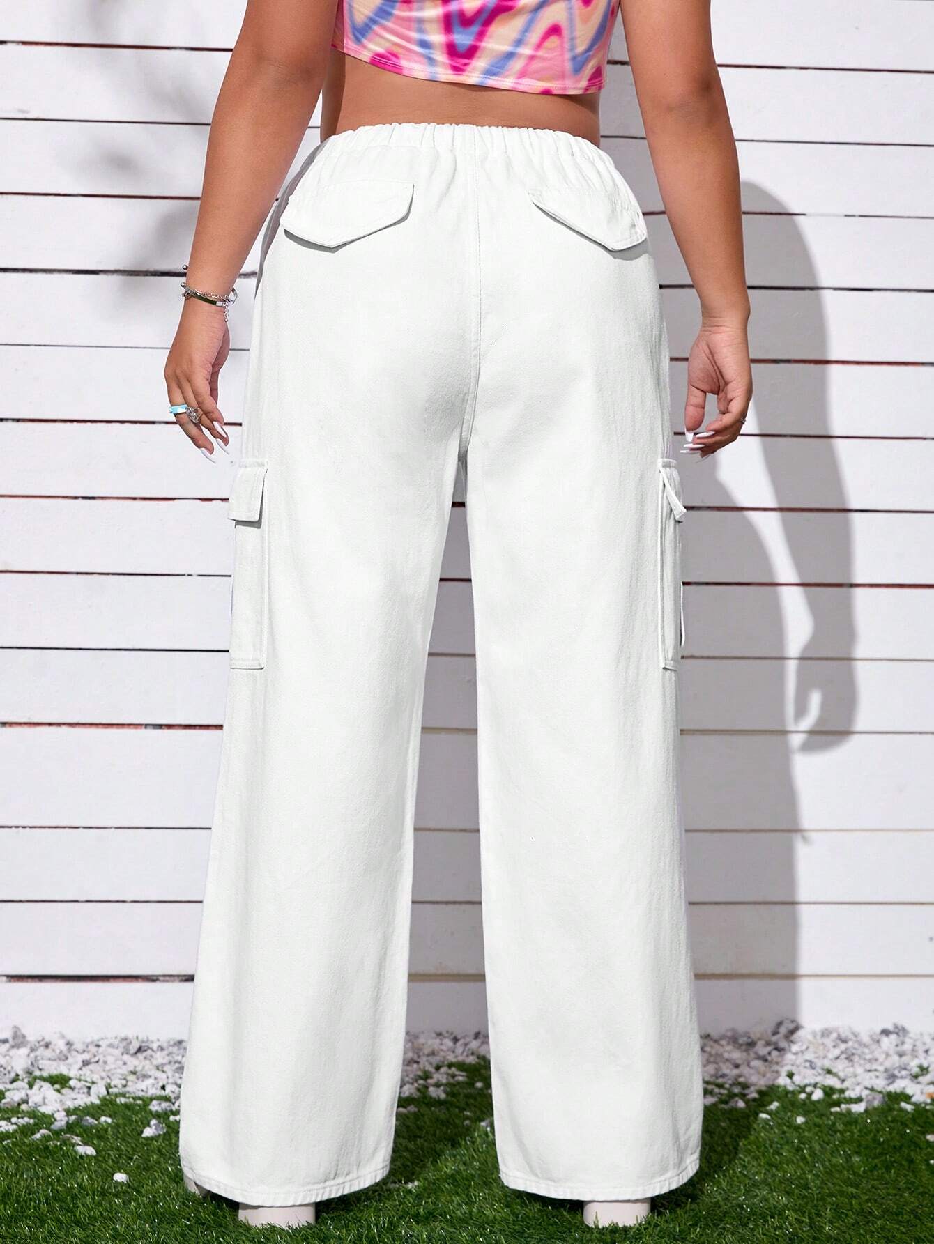 Drawstring Waist Cargo Jeans With Flap Pocket – side profile view