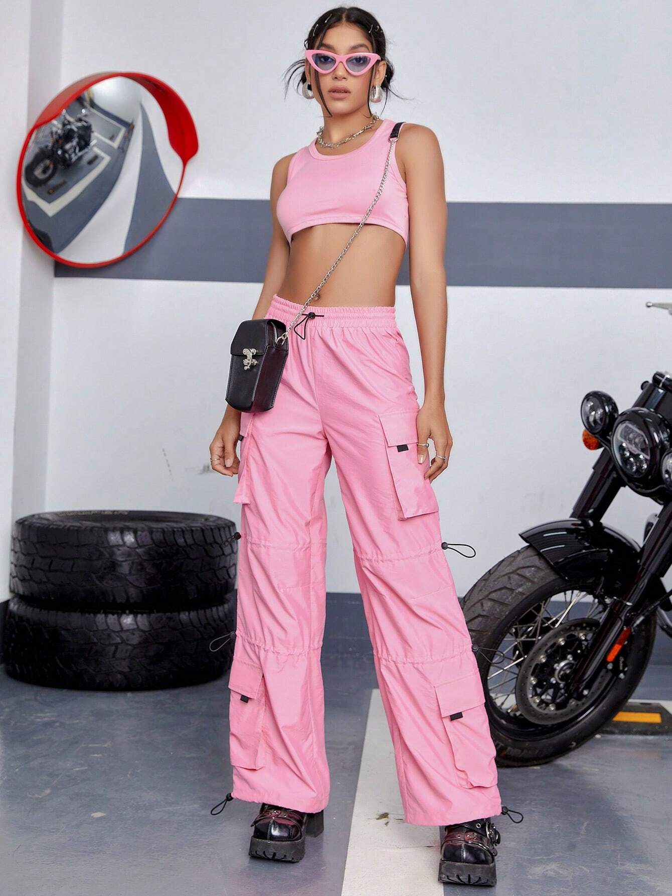 Crop Tank Top And Drawstring Waist Cargo Pants – women's cargo pants front view