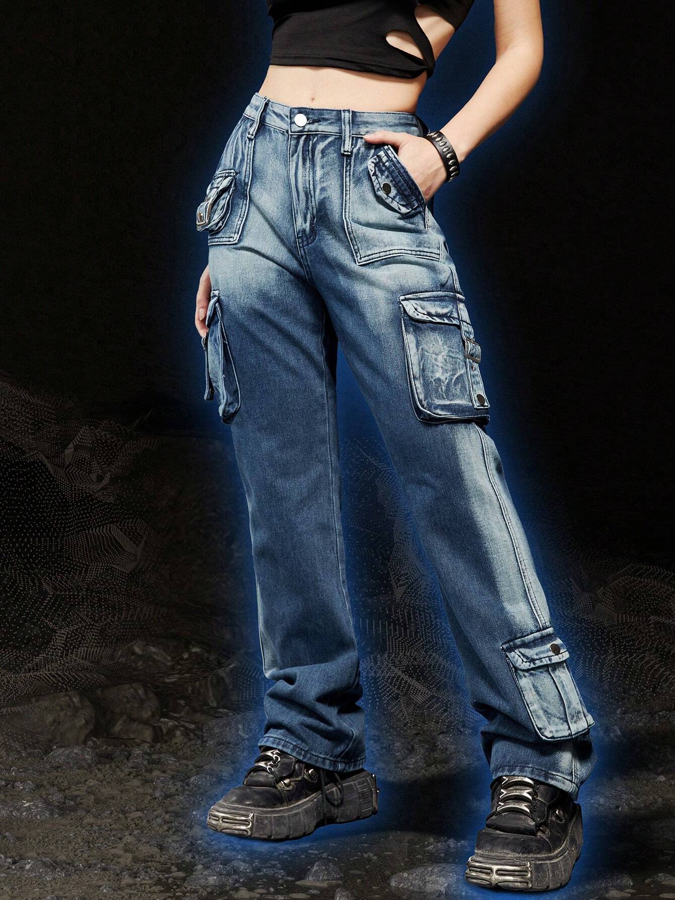 Flap Pocket Strap Detail Cargo Jeans – styled outfit view