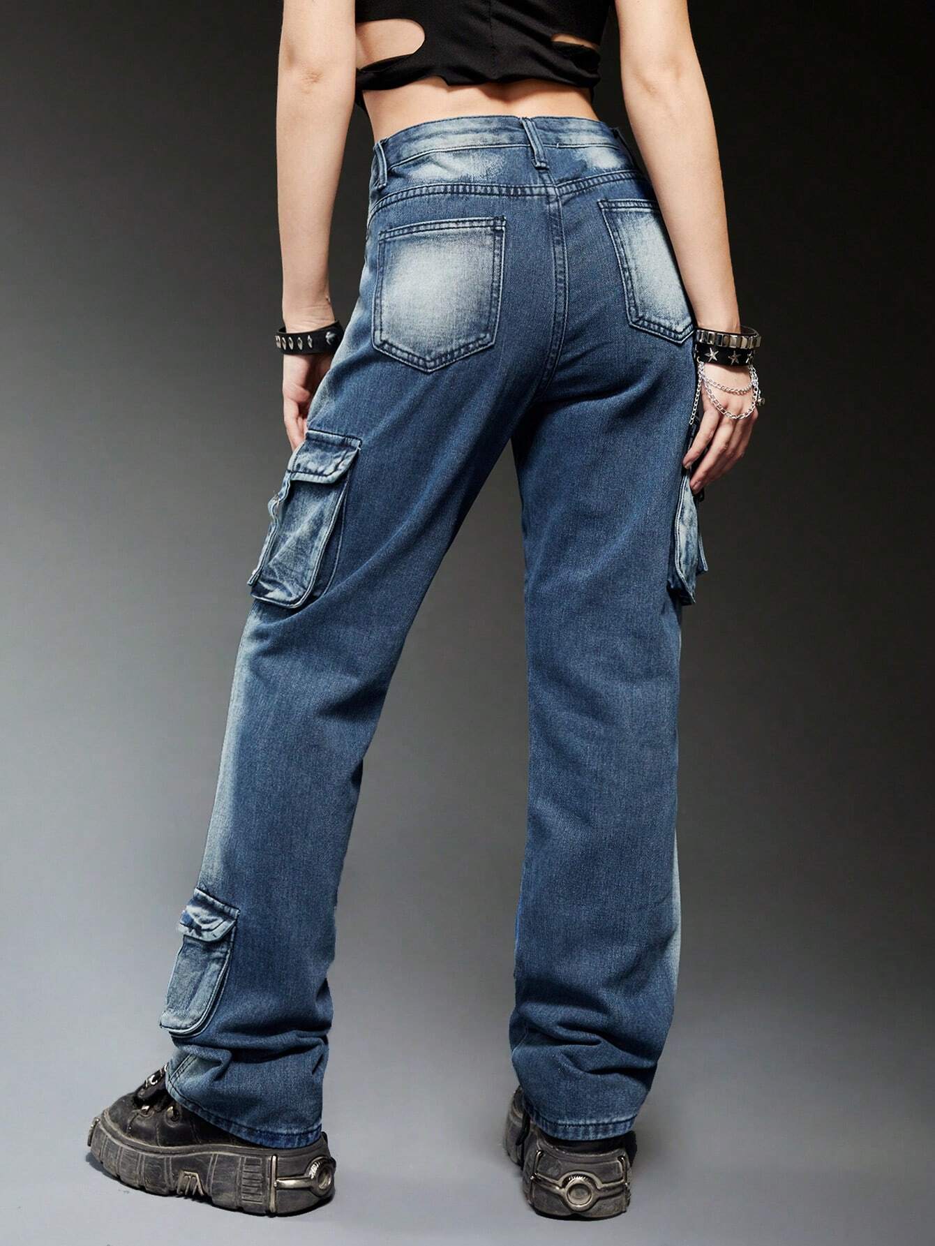 Flap Pocket Strap Detail Cargo Jeans – model wearing view