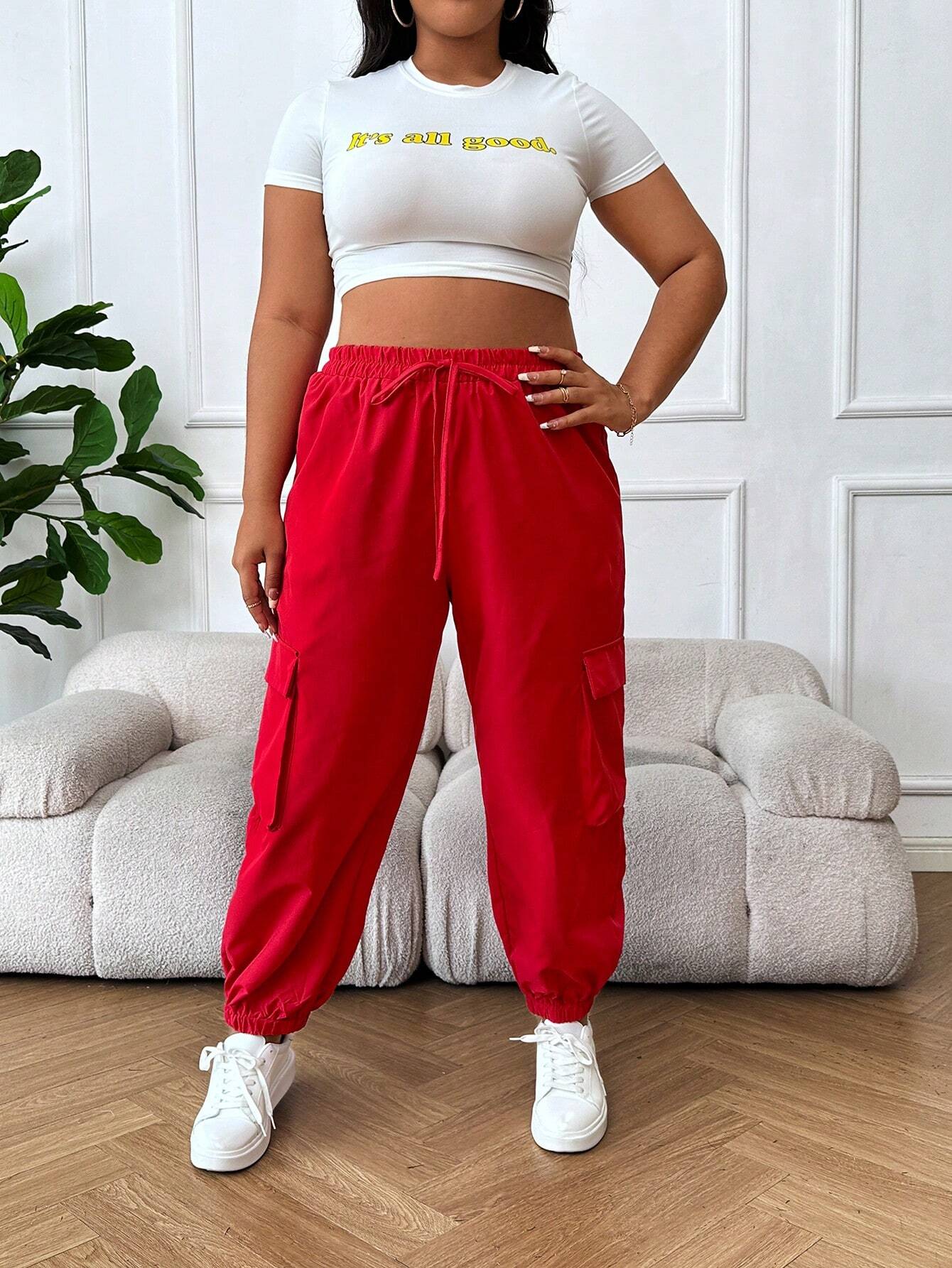 Plain Flap Pocket Side Drawstring Waist Cargo Pants – women's cargo pants front view
