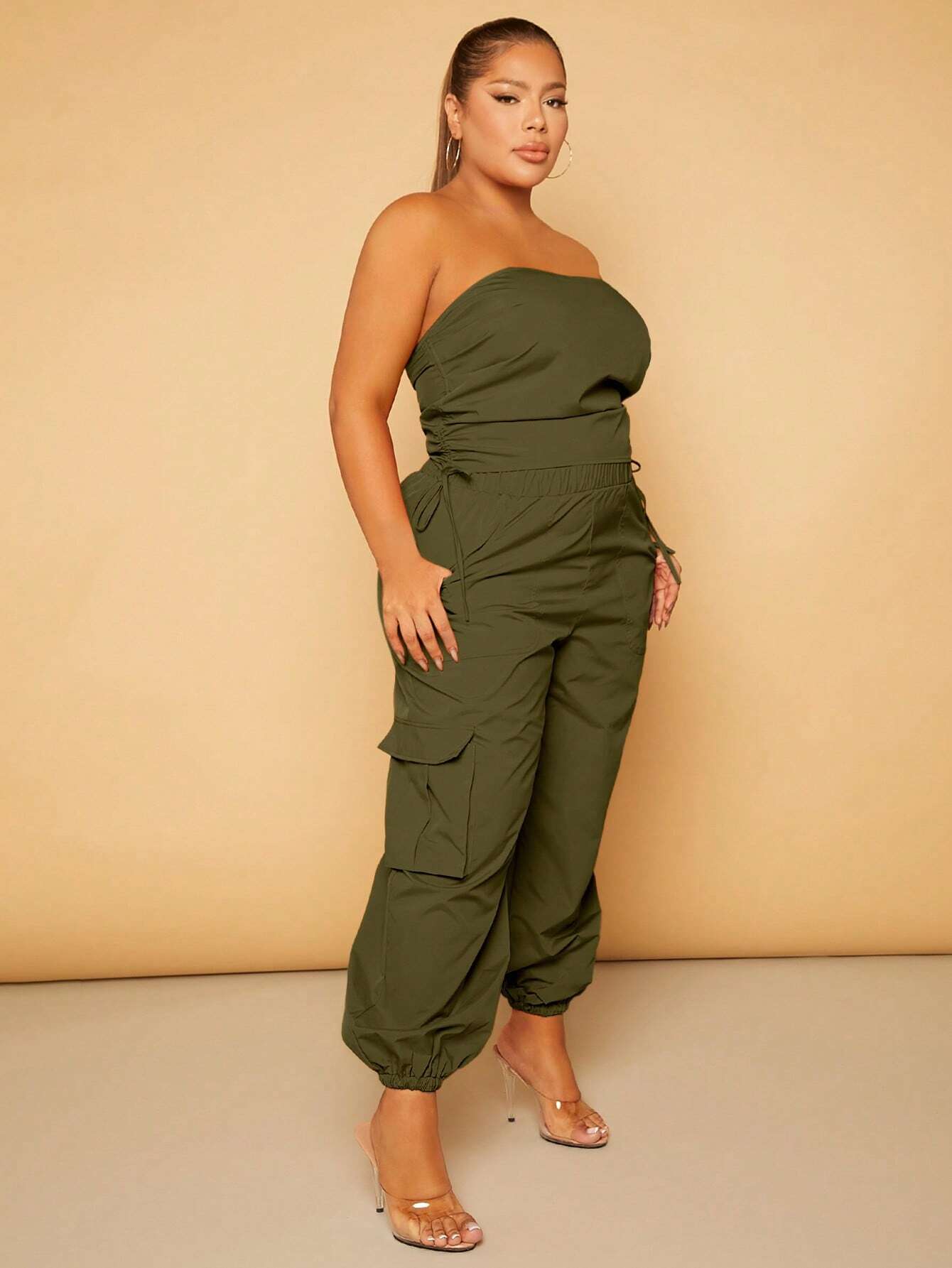 Plus Size Drawstring Waist Cargo Pants – back view detail