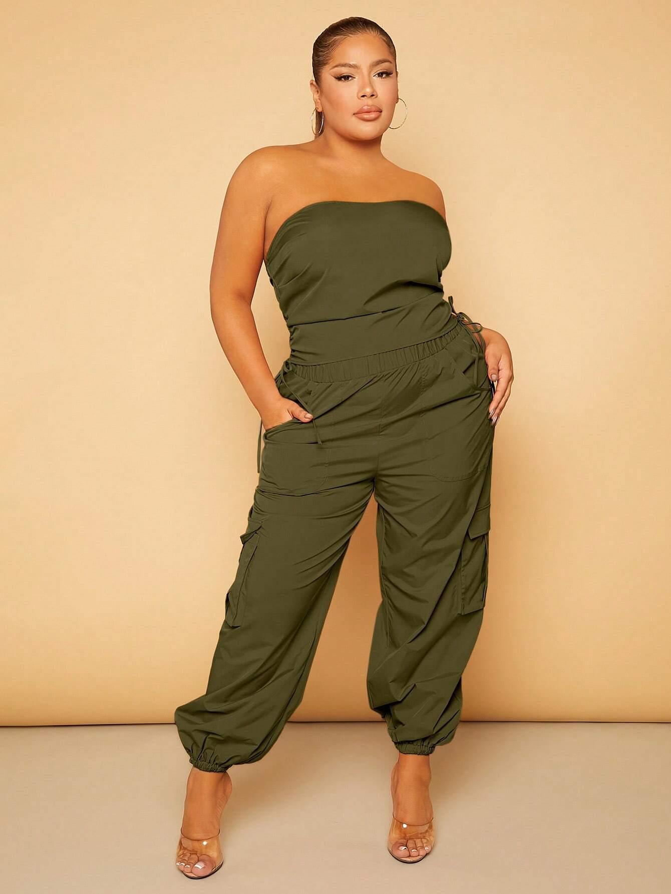 Plus Size Drawstring Waist Cargo Pants – pocket detail close-up