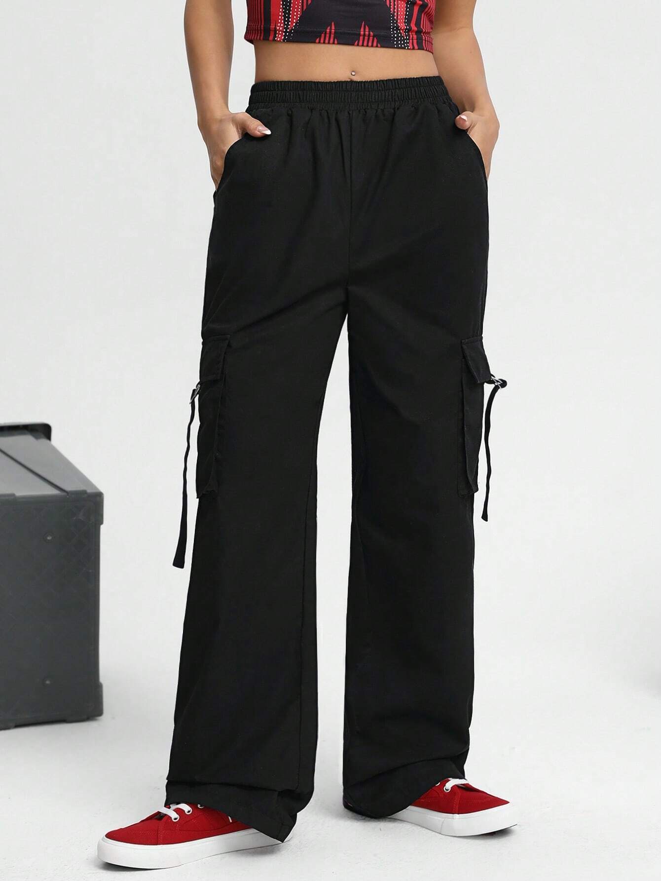 Elastic Waist Long-Length Woven Pants – full length outfit view