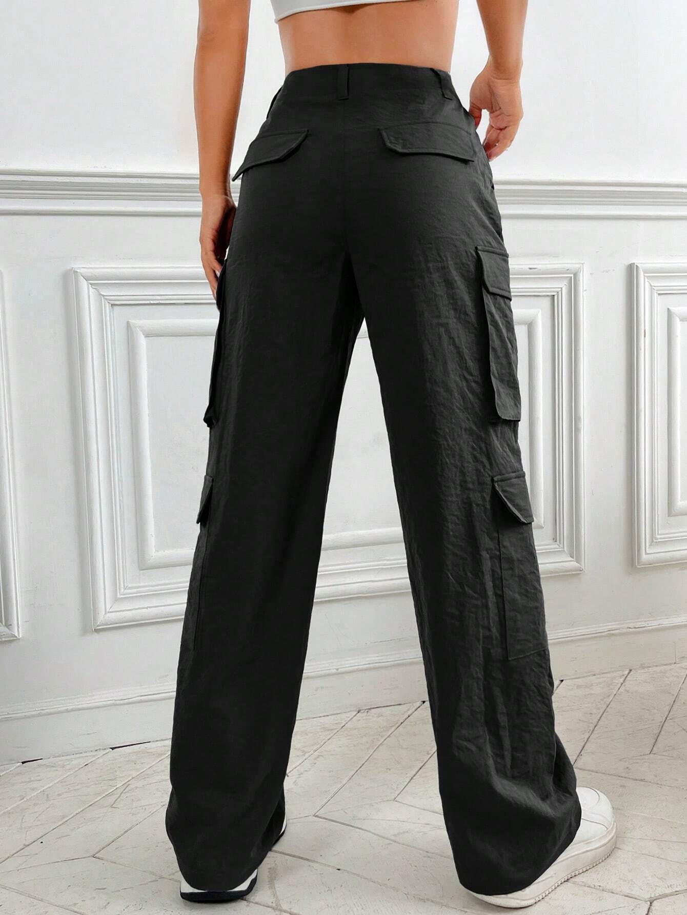 Flap Pocket Side Cargo Pants in Black – back view detail