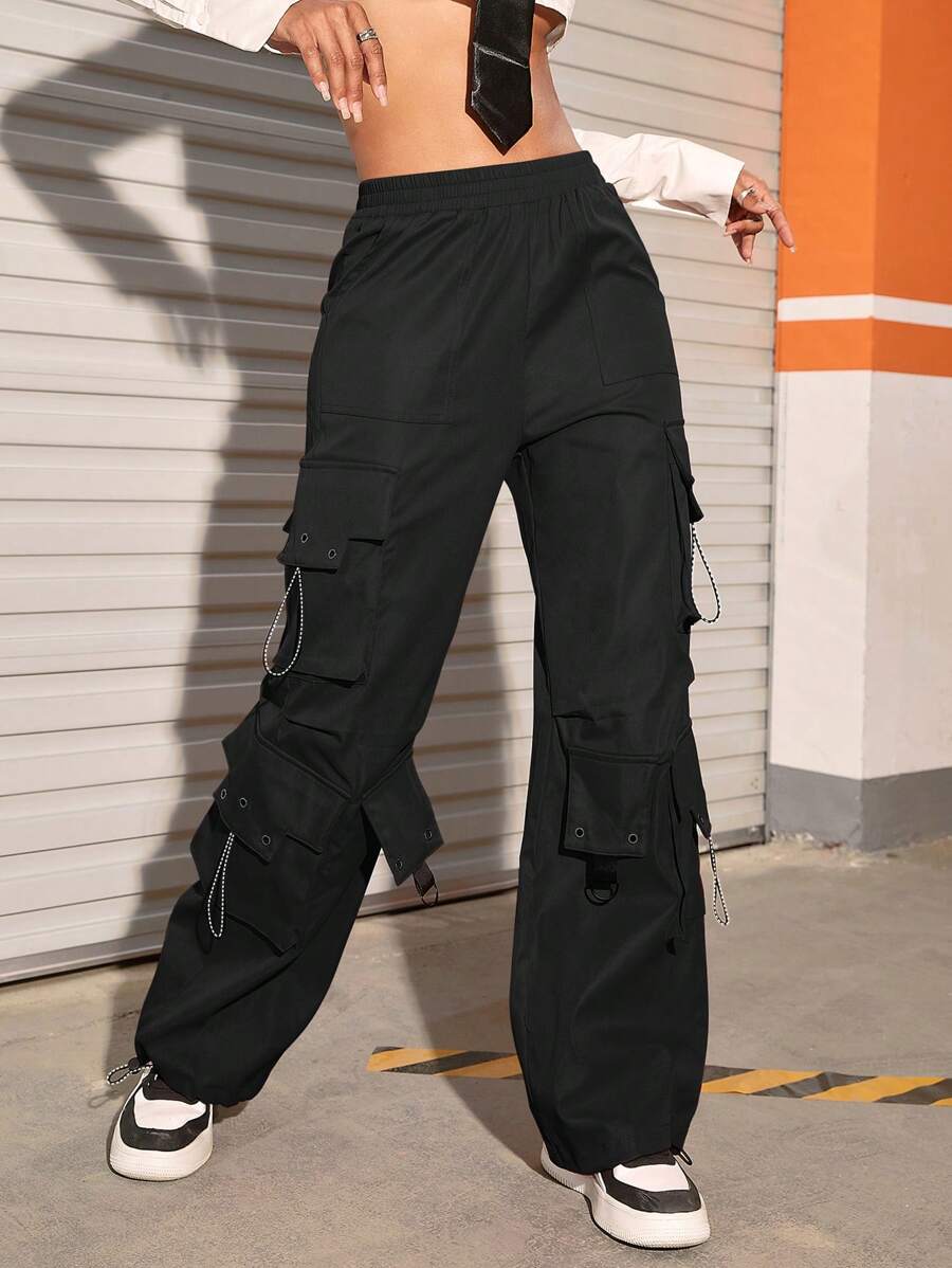 Flap Pocket Drawstring Hem Cargo Parachute Pants – pocket detail close-up