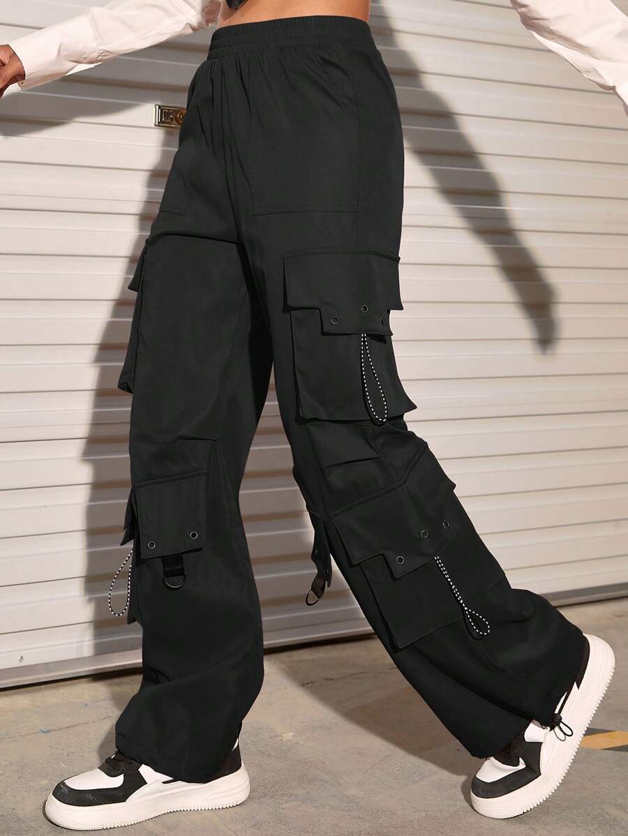 Flap Pocket Drawstring Hem Cargo Parachute Pants – side profile view