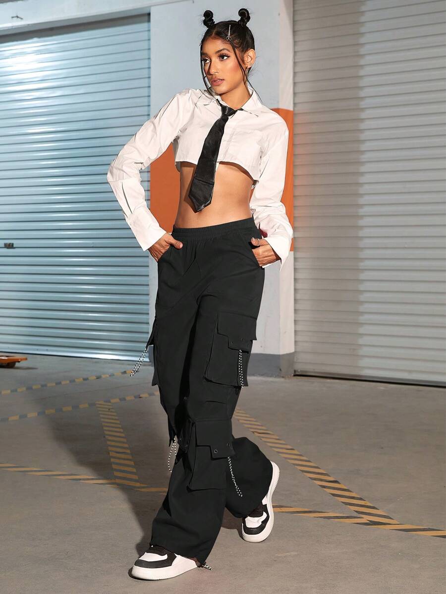 Flap Pocket Drawstring Hem Cargo Parachute Pants – full length outfit view