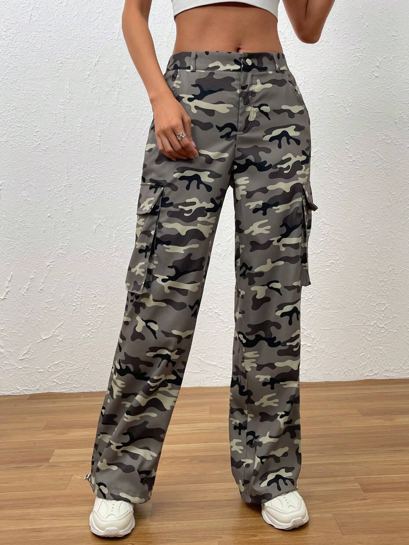 Camo Print Flap Pocket Cargo Pants