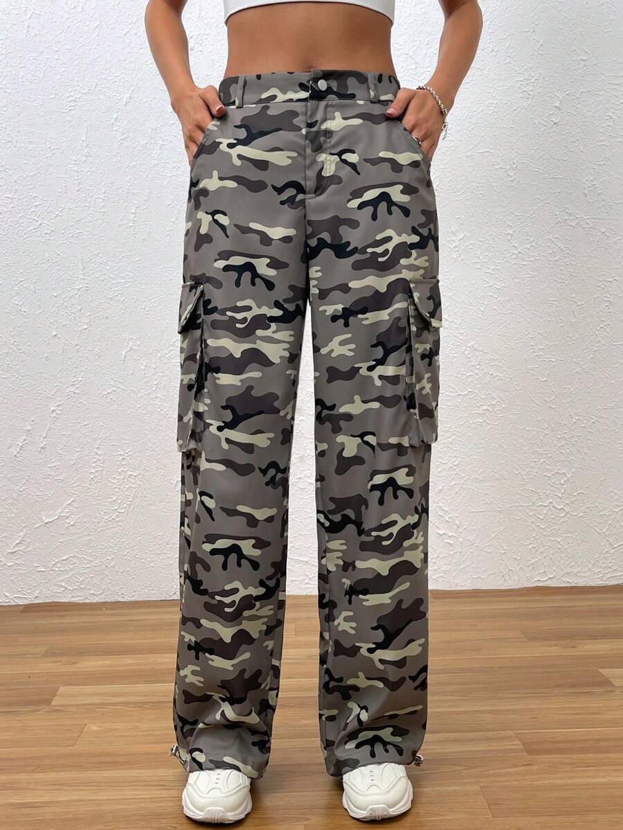 Flap Side Pocket Camo Print Cargo Pants – back view detail