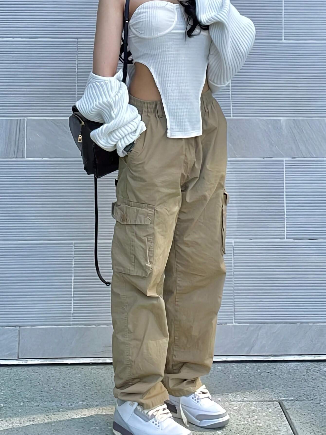 Solid Color Flap Pocket Side Cargo Pants Style 1 – side profile view