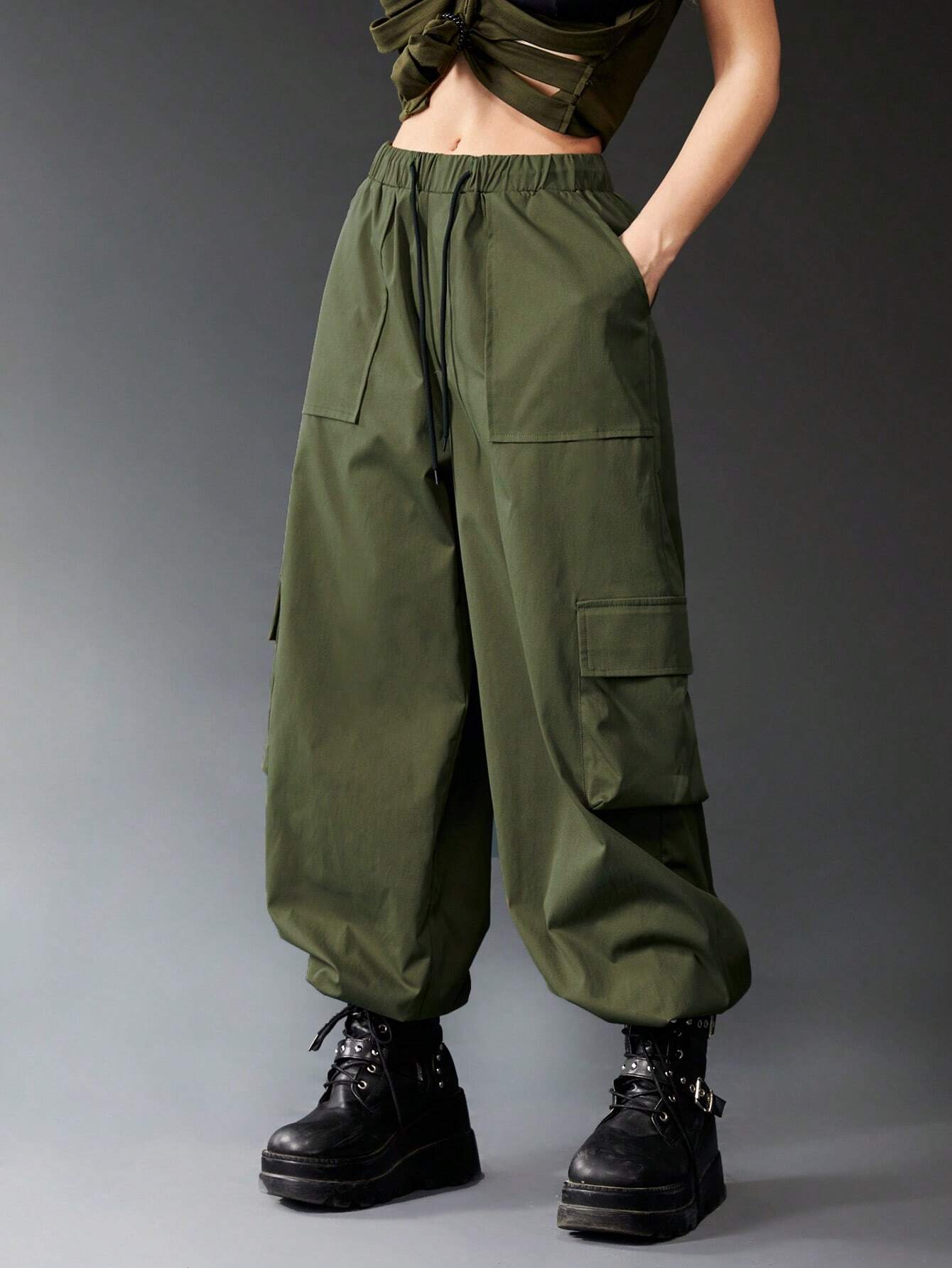 Pocketed Drawstring Cargo Pants – women's cargo pants front view