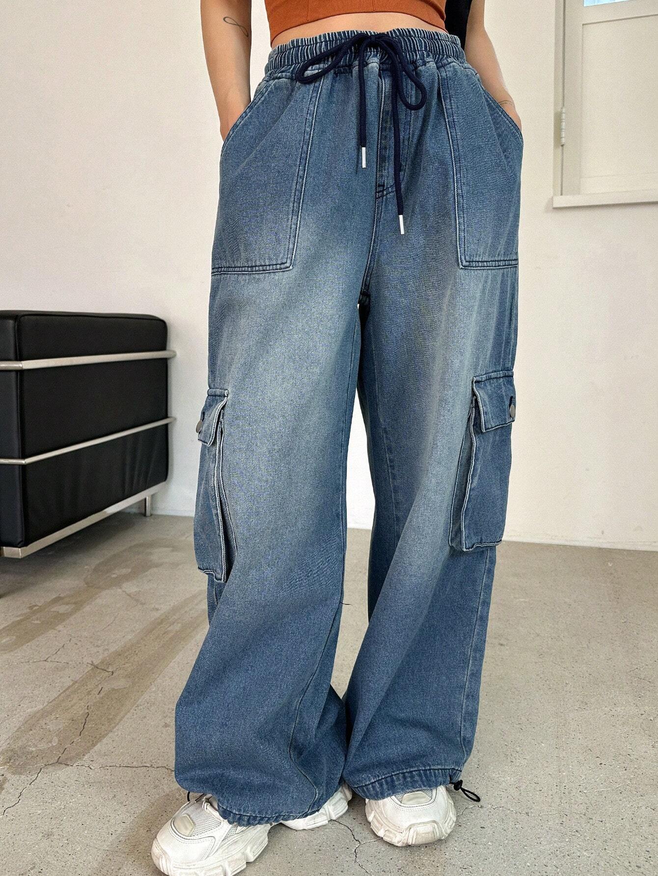 Drawstring Flap Pocket Side Cargo Pants – full length outfit view