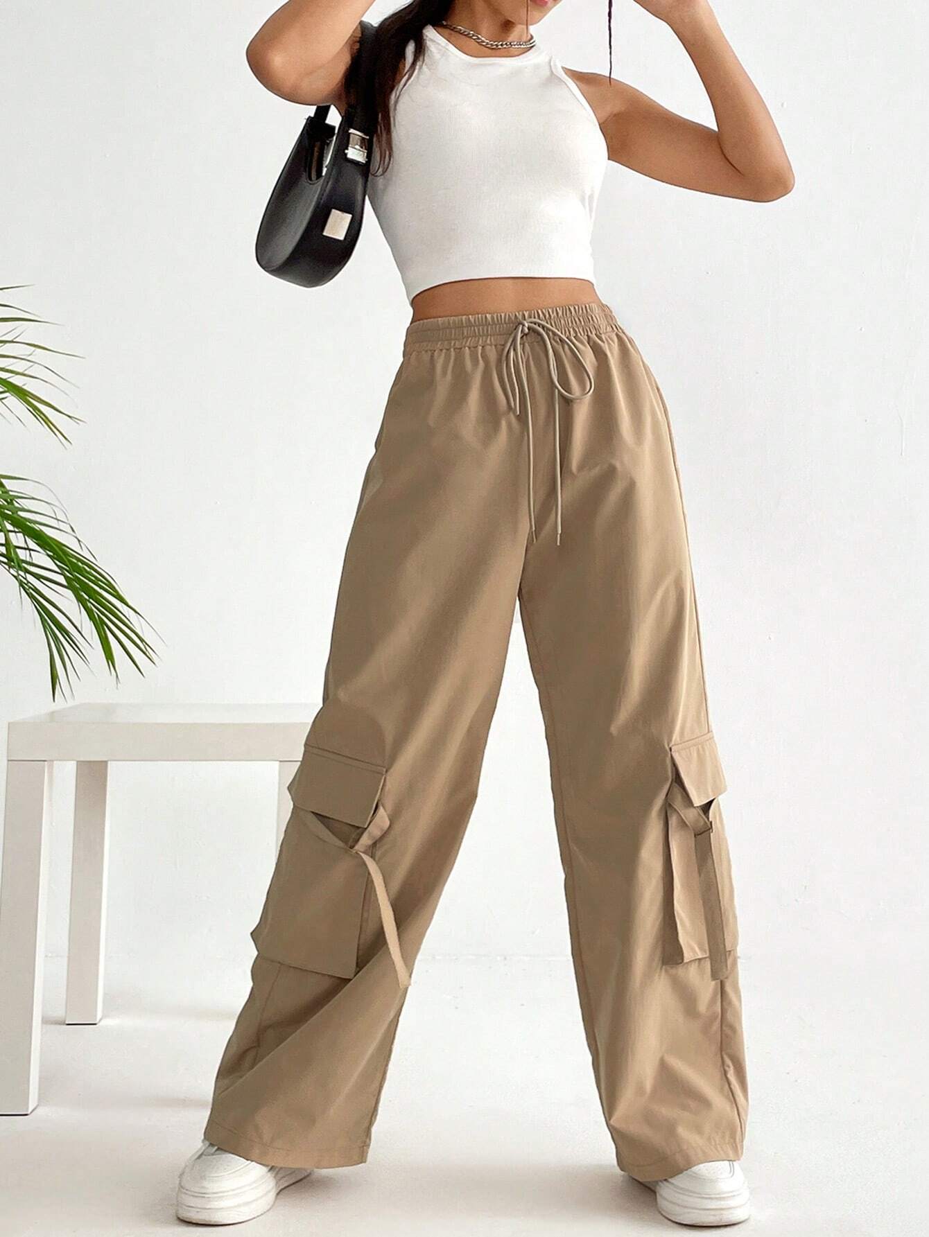 Flap Pocket Drawstring Cargo Pants Style 3 – full length outfit view