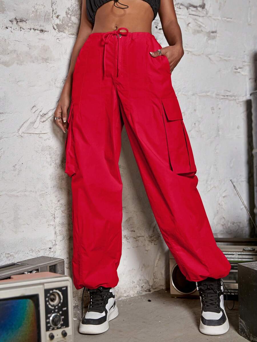 Drawstring Waist Wide Leg Parachute Cargo Jogger Pants