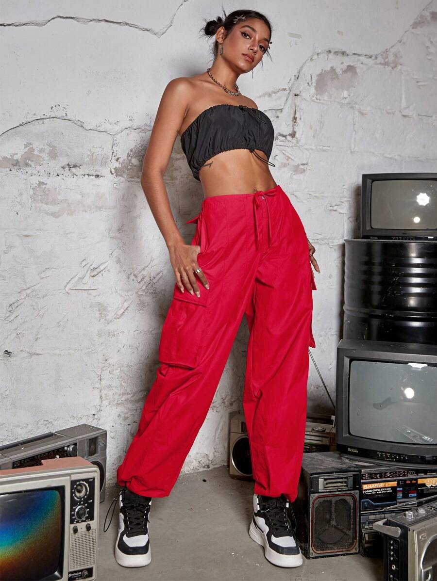 Drawstring Waist Wide Leg Parachute Cargo Jogger PantsDrawstring Waist Wide Leg Parachute Cargo Jogger Pants - Image 24