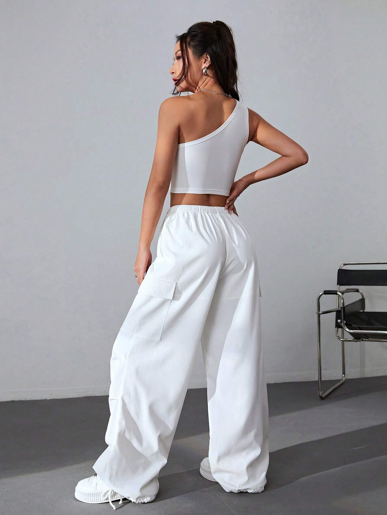 One Shoulder Top And Drawstring Cargo Pants – back view detail