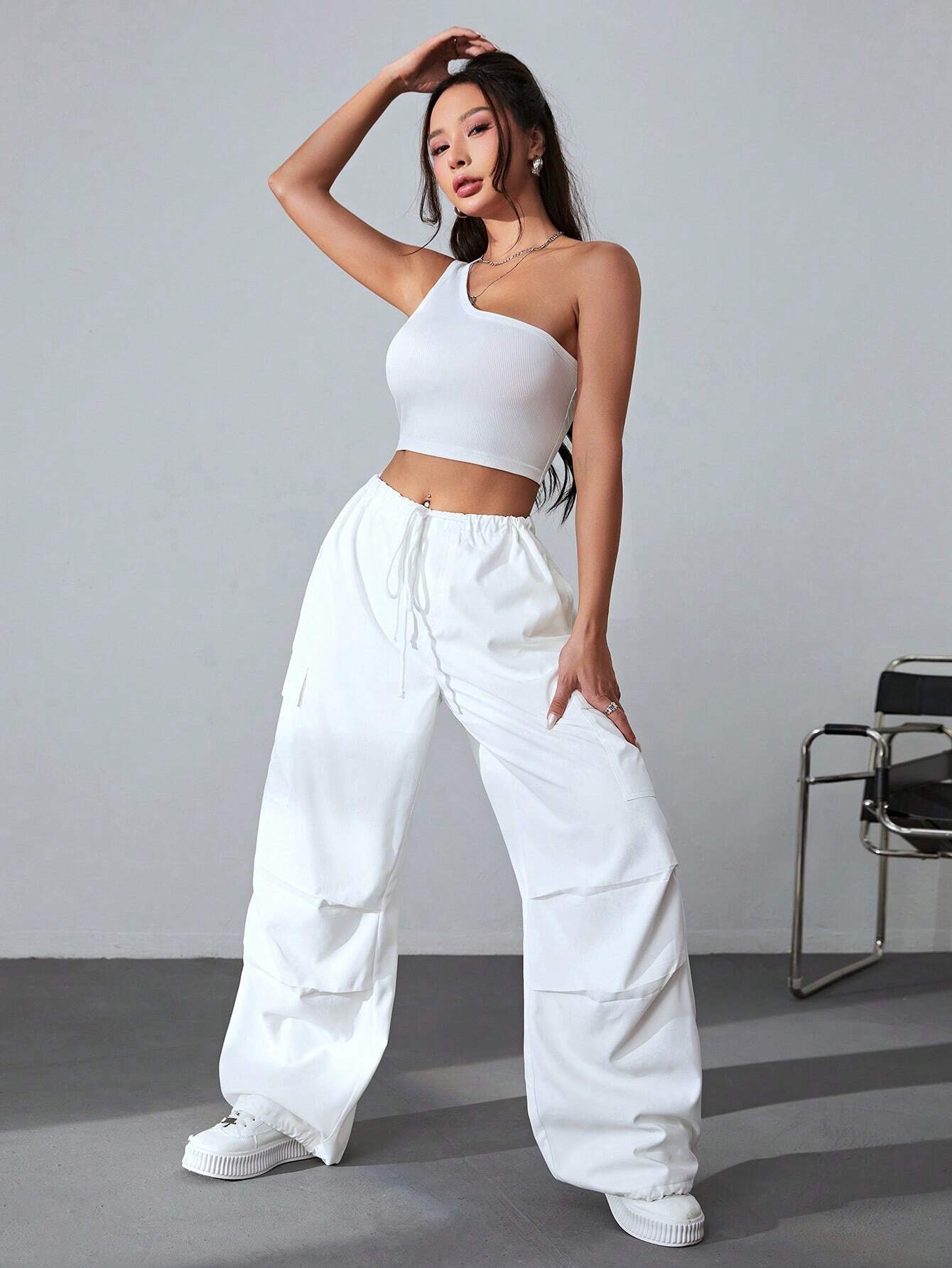 One Shoulder Top And Drawstring Cargo Pants – full length outfit view