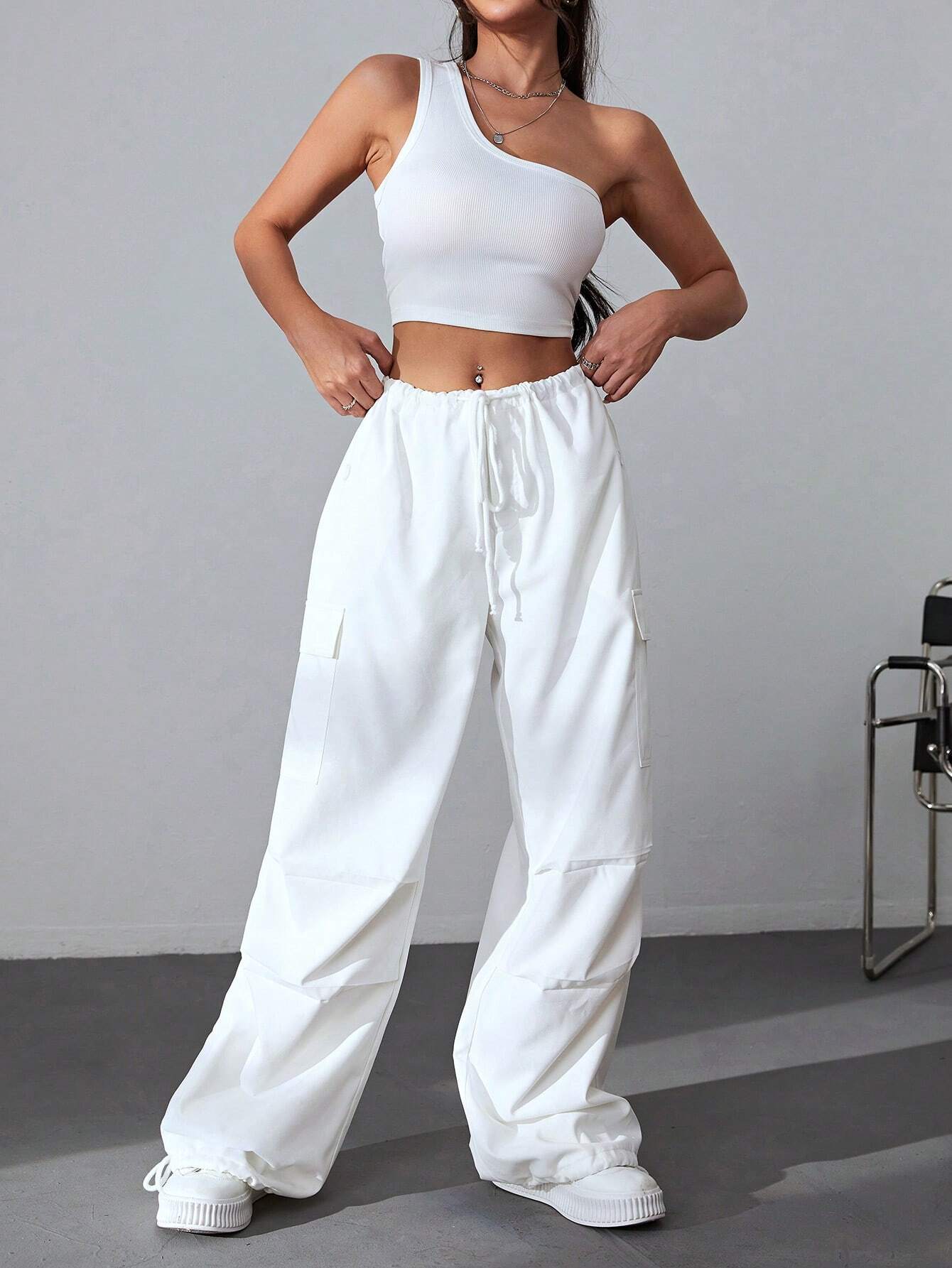 One Shoulder Top And Drawstring Cargo Pants – pocket detail close-up